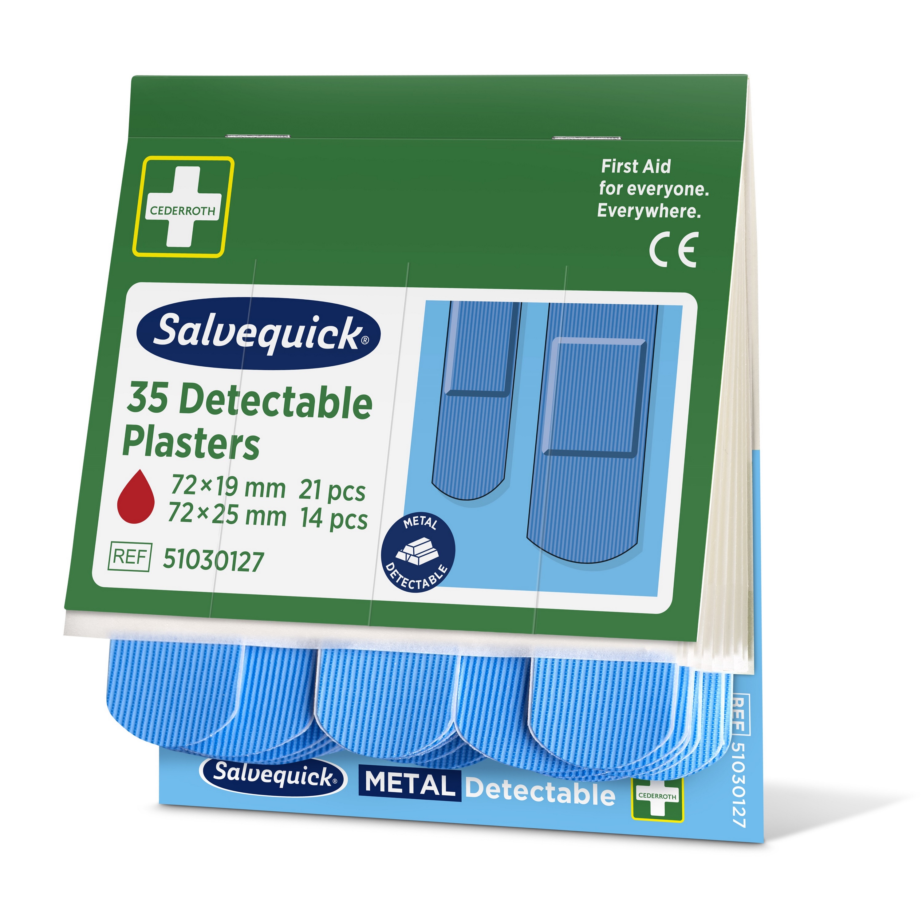 Salvequick Nachfüllpackung mit metalldetektierbaren blauen Pflastern für die Erste Hilfe, mit 35 sortierten Klebepflasterstreifen.