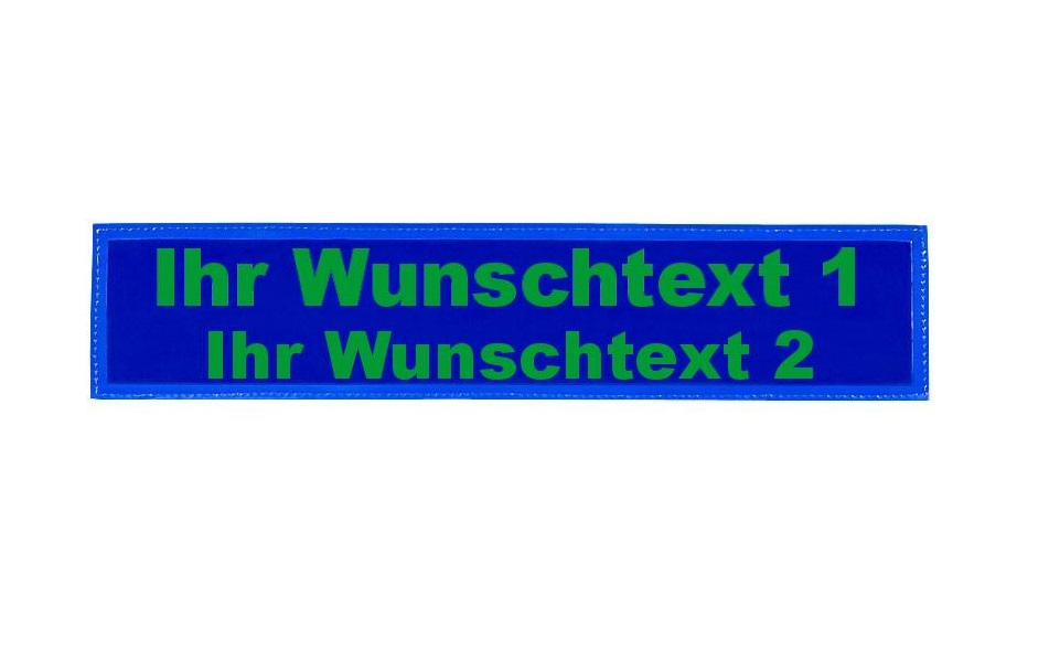MEIERmed® Reflexschild mit Klett und Wunschtext | glänzend | Maße: 42 x 8 cm | Farbe: Blau