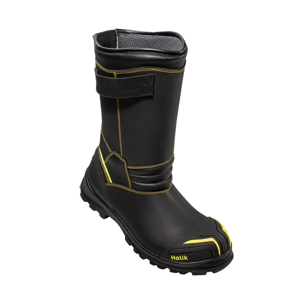 Schwarzer Holik-Feuerwehrstiefel mit gelben Nähten, verstärkter Zehenkappe und Schutzriemen für Notfalleinsätze.