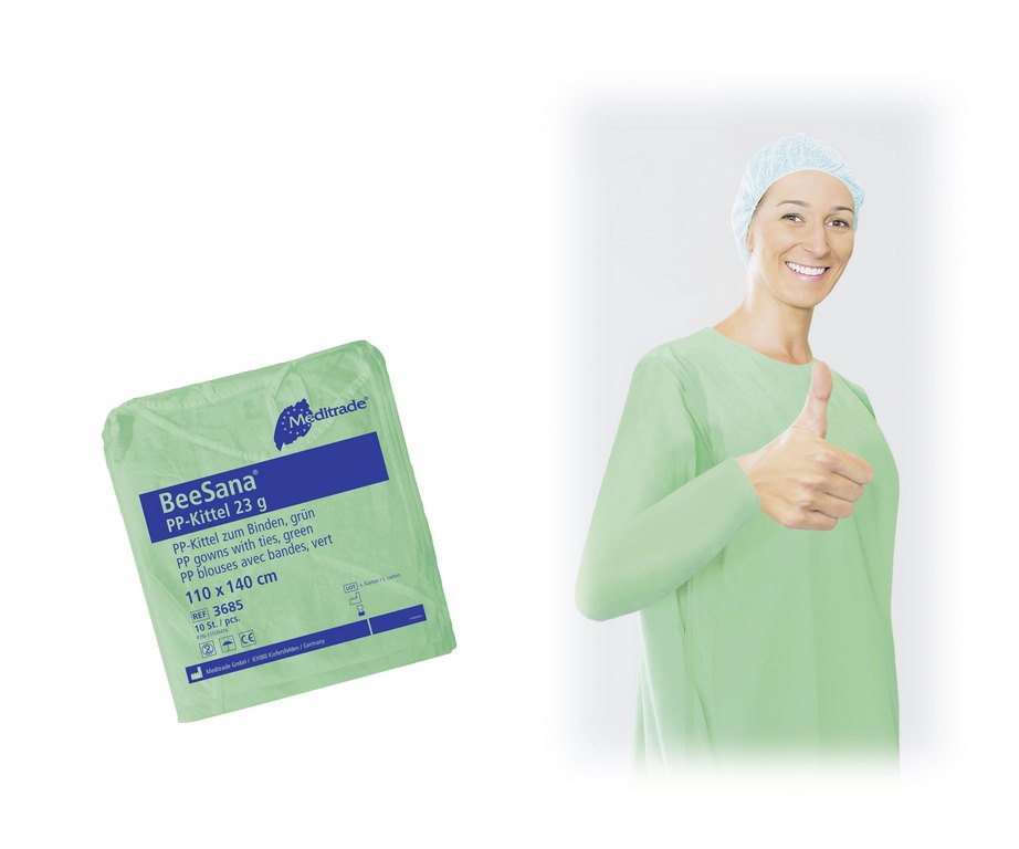 BeeSana® PP-Kittel / Schutzkittel mit elastischen Gummibändern | Farbe: Grün | 100 Stück