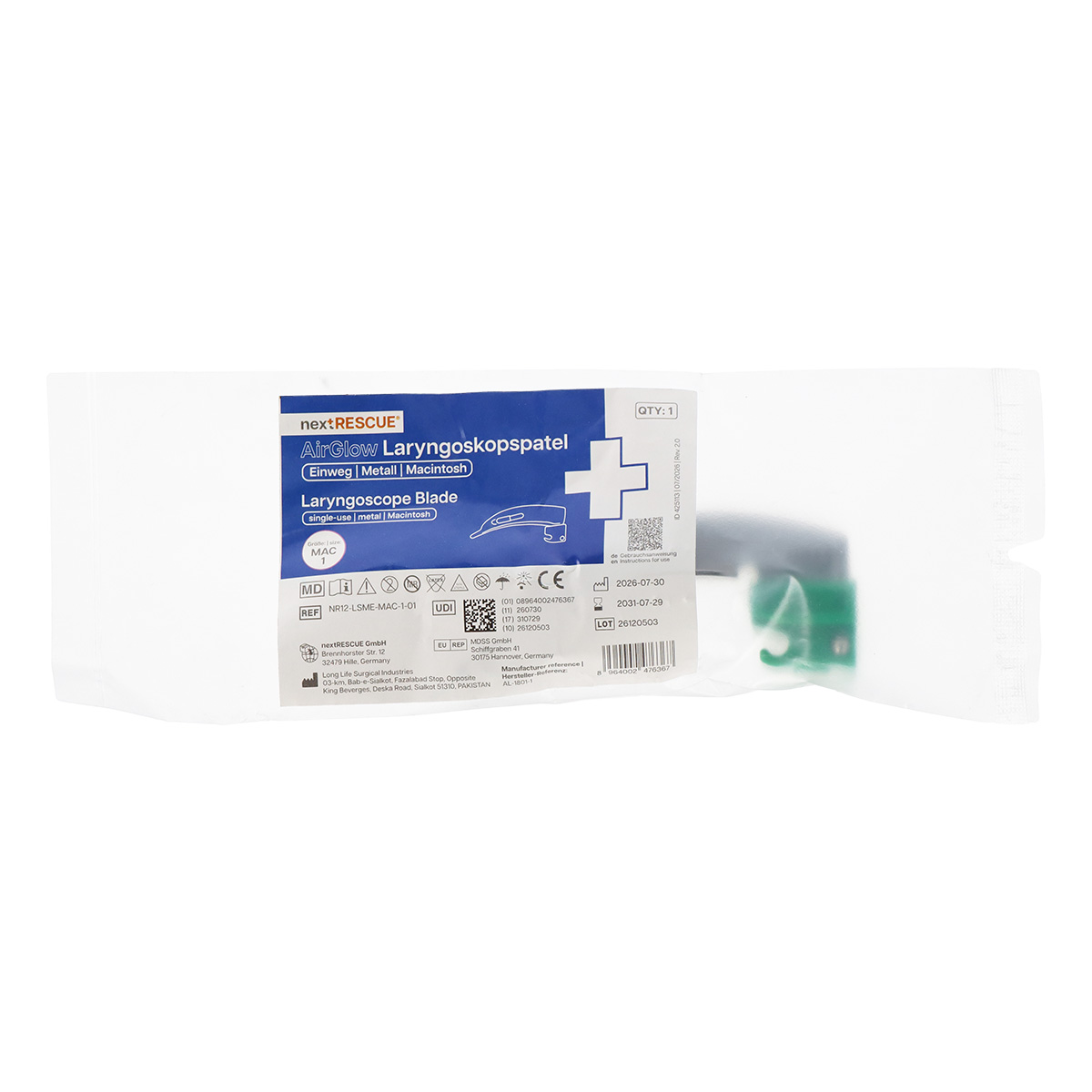 nextRESCUE® AirGlow Laryngoskop Spatel F.O. Semi Metall | Einweg | Macintosh | Größe 1