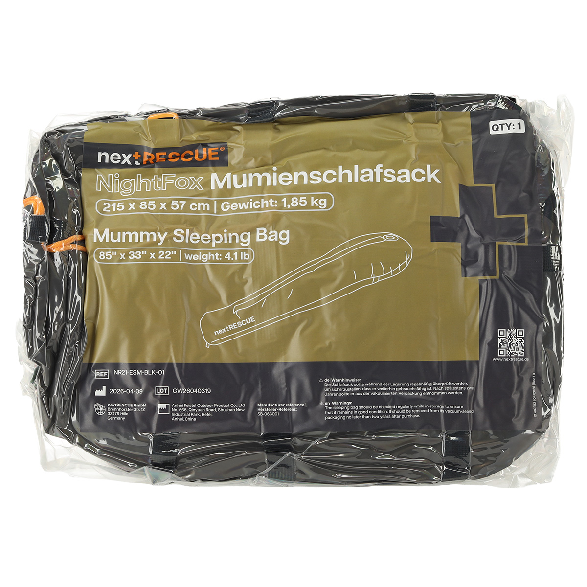 NextRESCUE NightFox Mumienschlafsack in vakuumversiegelter Verpackung, konzipiert für den medizinischen und taktischen Notfalleinsatz.