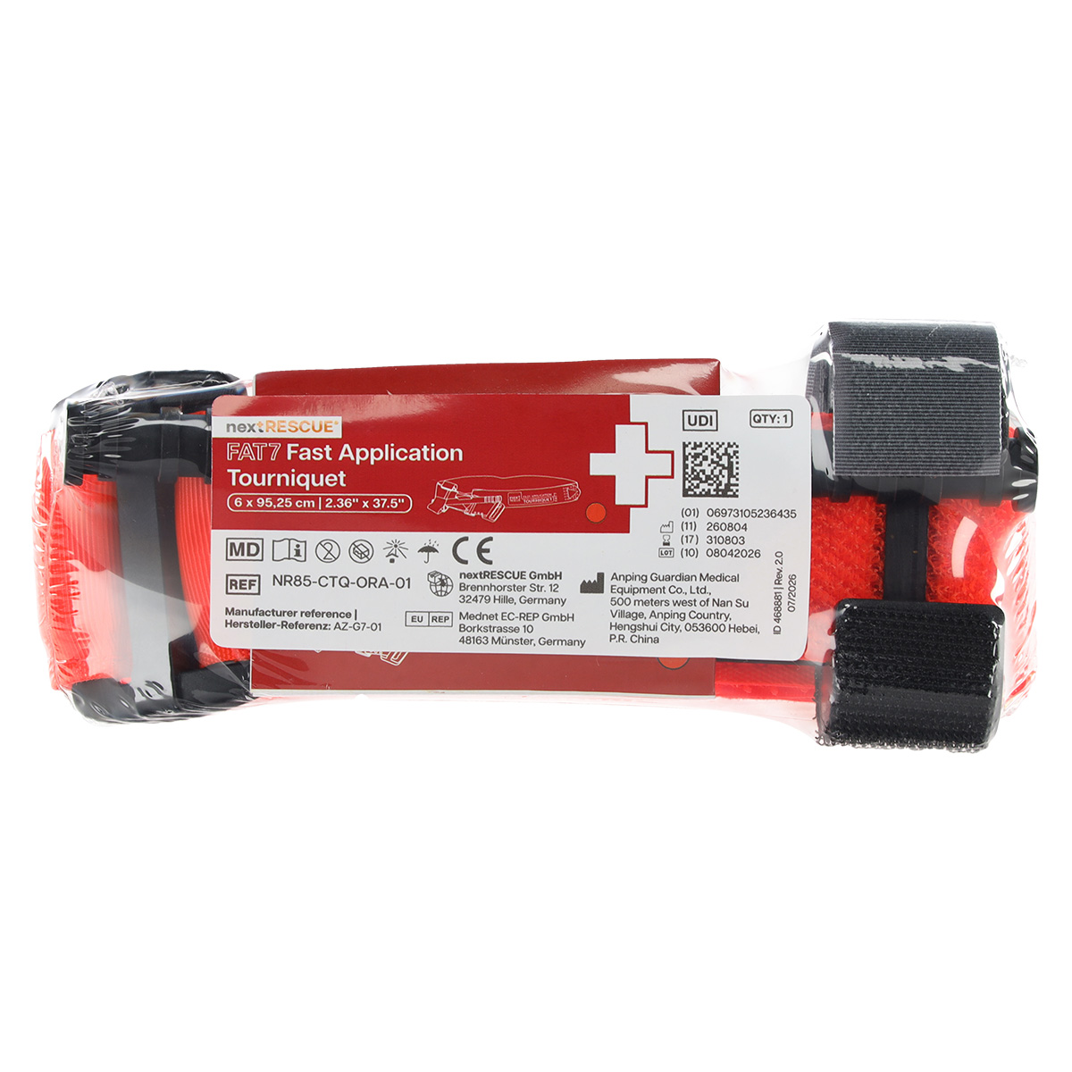 NextRESCUE FAT7 Fast Application Tourniquet in Orange, verpackt in durchsichtigem Kunststoff mit Produktetikett und QR-Code.