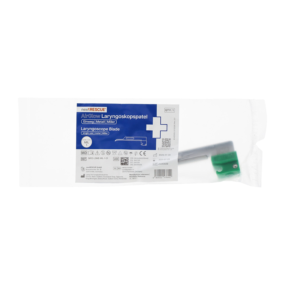 nextRESCUE® AirGlow Laryngoskop Spatel F.O. Semi Metall | Einweg | Miller | Größe 1