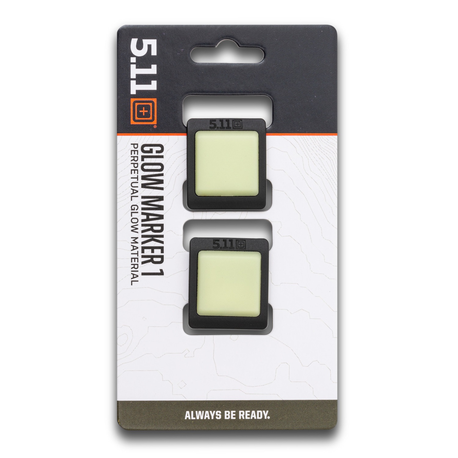 Zwei 5.11 Tactical Glow Marker 1-Einheiten in schwarzen Rahmen mit lichtemittierendem Material, angezeigt auf der Einzelhandelsverpackung.