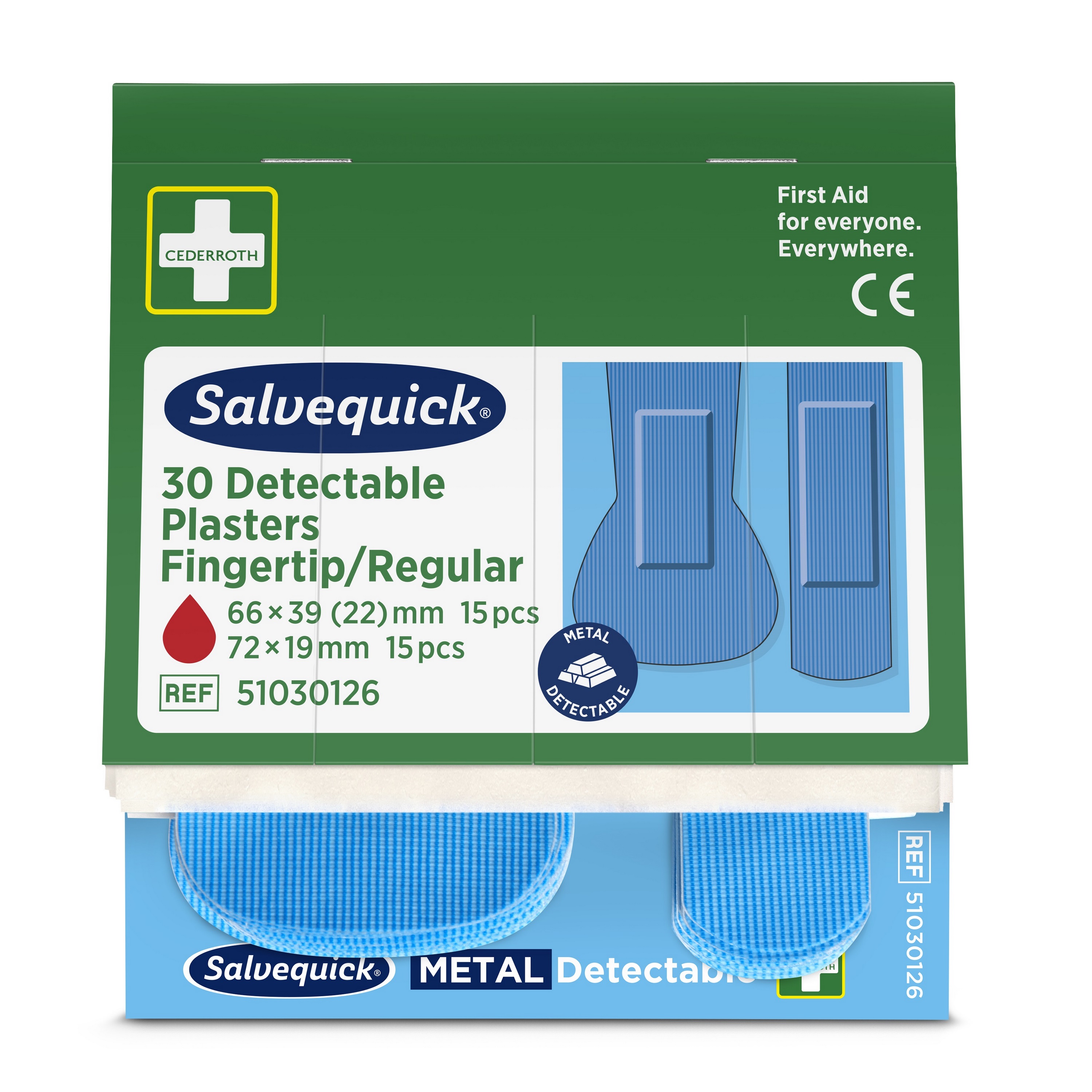 Cederroth Salvequick metalldetektierbare Pflaster-Nachfüllpackung mit 30 blauen Fingerkuppen- und normalen Pflastern.