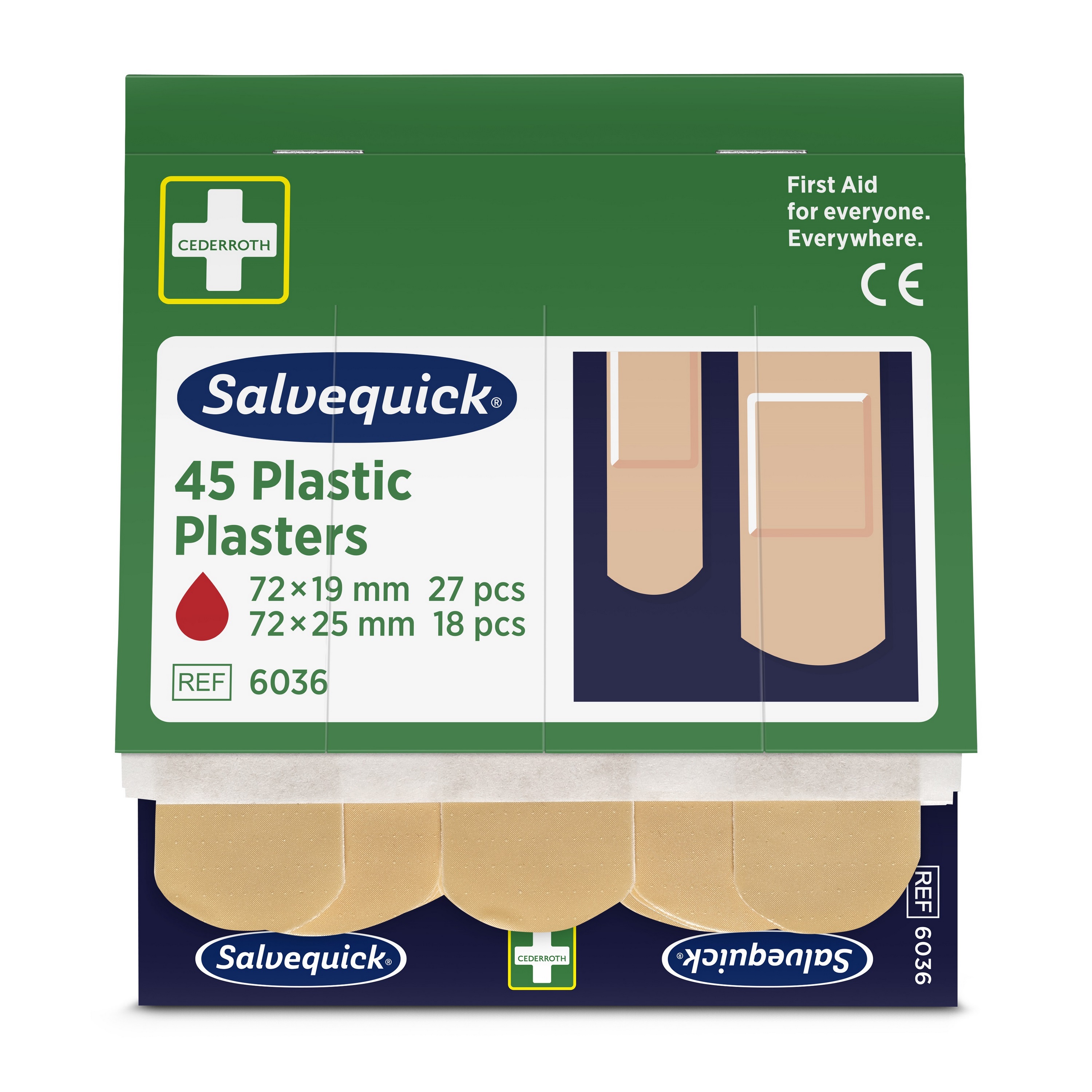 Cederroth Salvequick Kunststoffpflaster-Nachfüllpackung mit 45 verschiedenen Pflastern für Notfall-Erste-Hilfe-Sets.