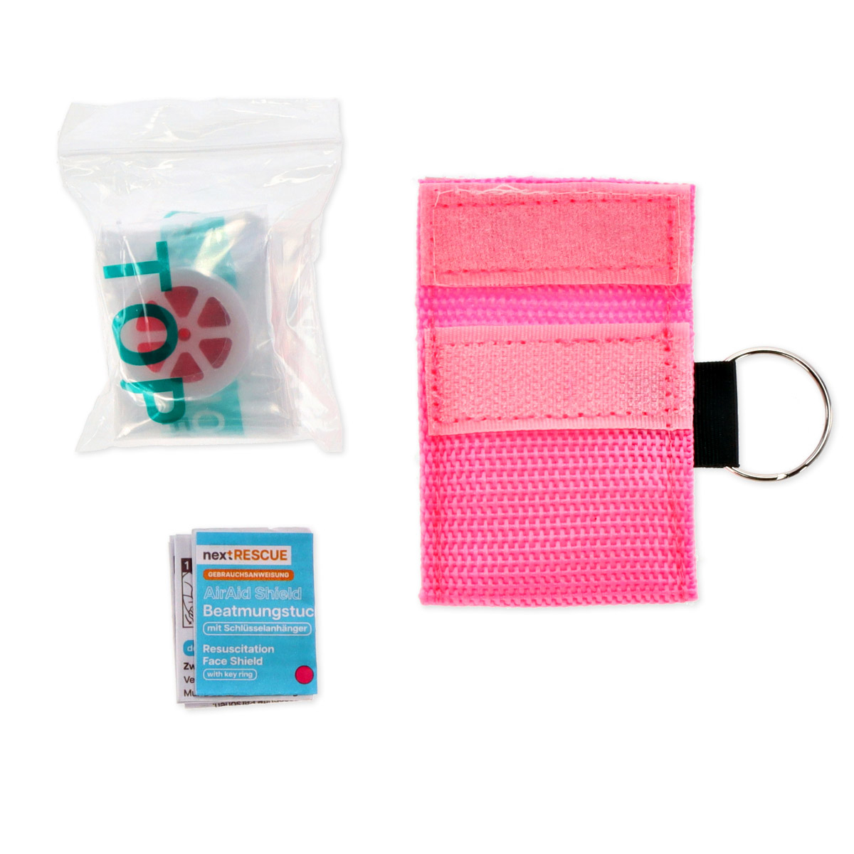 nextRESCUE® AirAid Shield Beatmungstuch mit Schlüsselanhänger | Farbe: Pink | mit Logo: "Meier Medizintechnik"