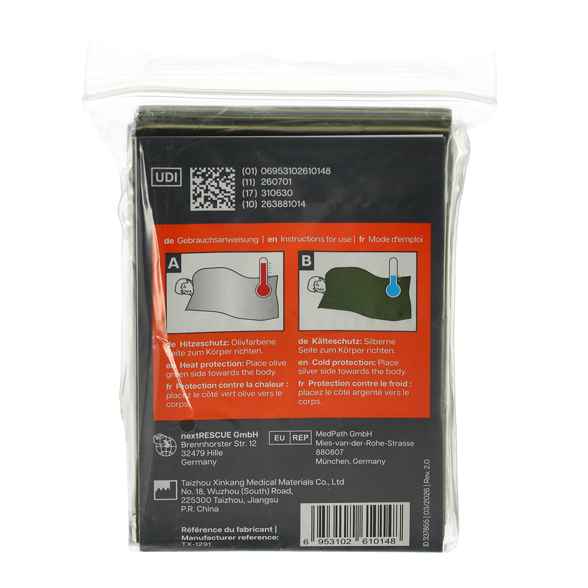 nextRESCUE® Rettungsdecke / Survivaldecke | Farbe: Silber / Oliv