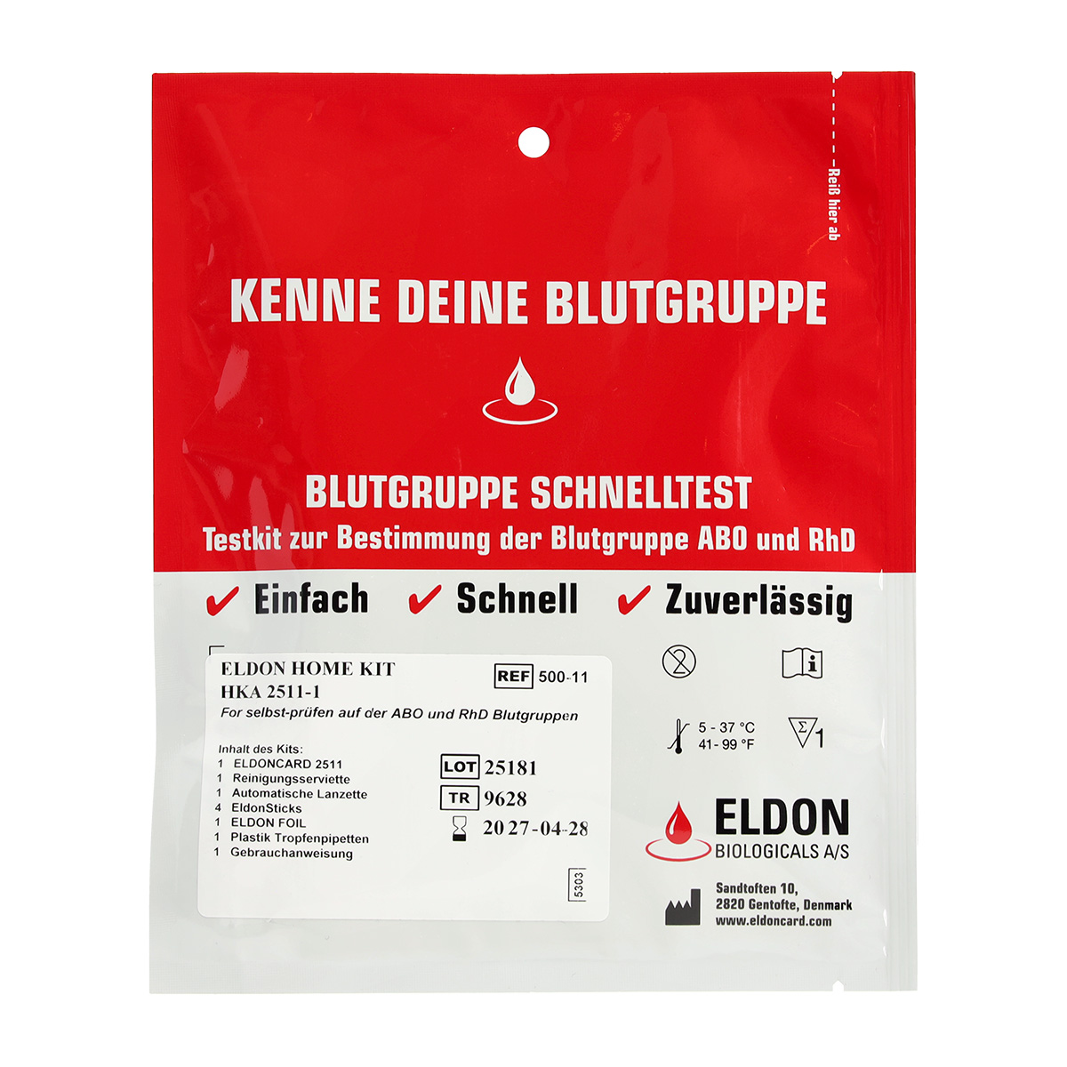 ELDON® Home Kit HKA2511-1 Blutgruppen Schnelltest zur Bestimmung von AB0+RhD