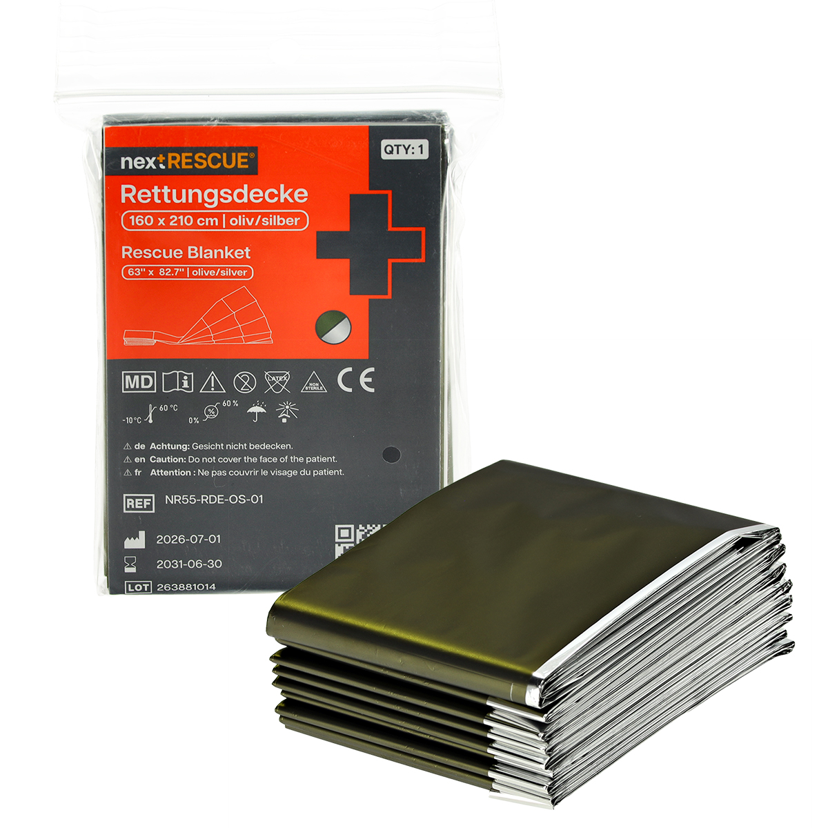 nextRESCUE® Rettungsdecke / Survivaldecke | Farbe: Silber / Oliv
