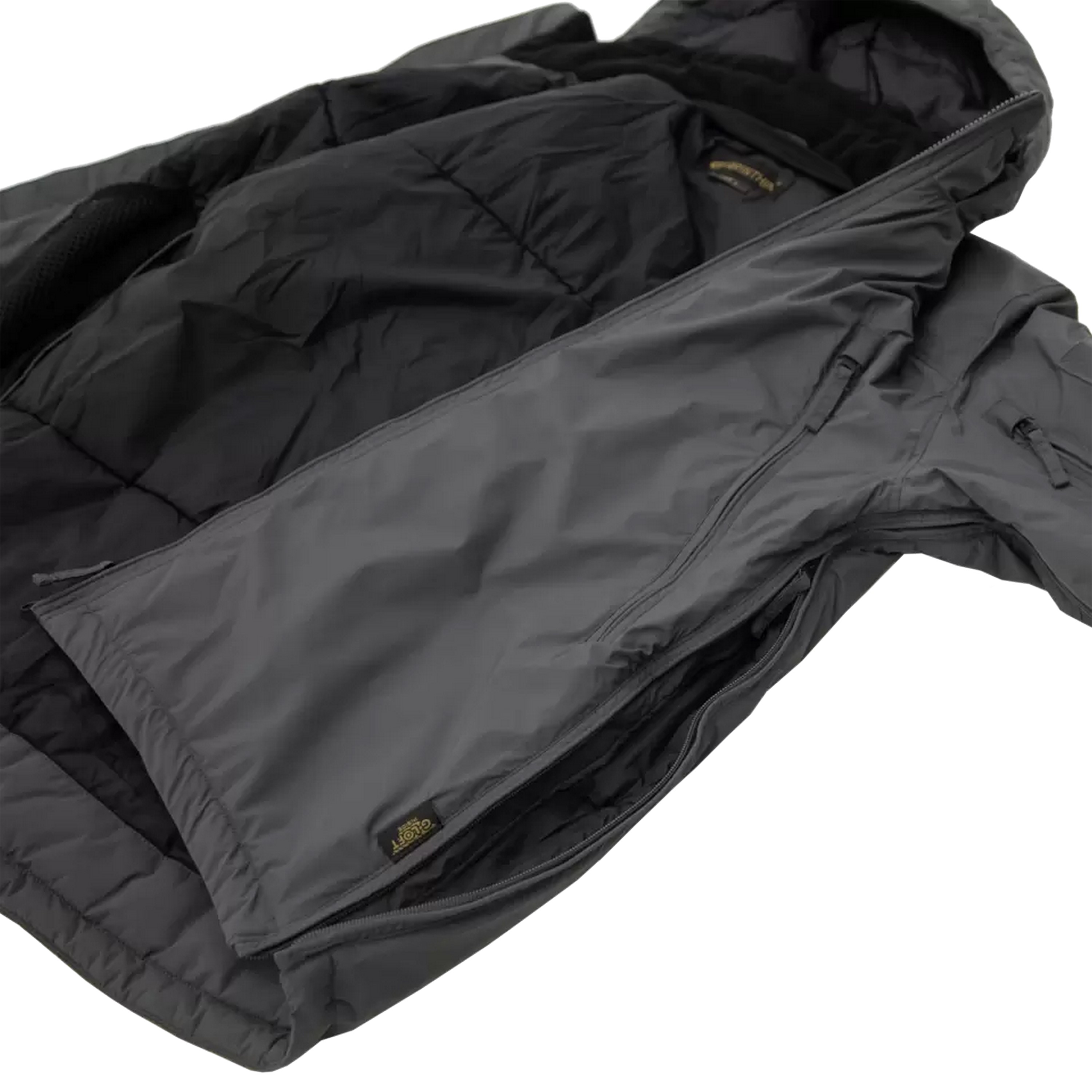 Schwarze taktische Isolierjacke mit G-LOFT-Isolierung, Kapuzendesign, Reißverschlusstaschen und strapazierfähigem Stoff.