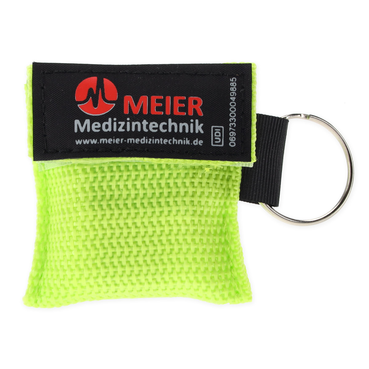 nextRESCUE® AirAid Shield Beatmungstuch mit Schlüsselanhänger | Farbe: Lemon Green | mit Logo: "Meier Medizintechnik"