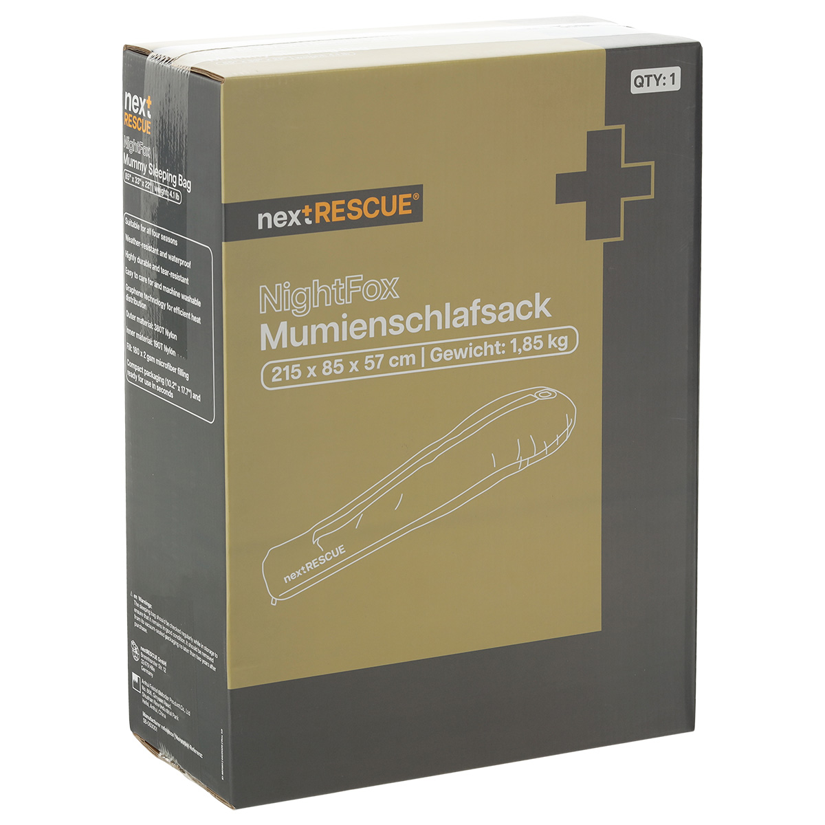 NextRescue NightFox Mumienschlafsack im rechteckigen Karton mit Produktdetails und medizinischem Kreuzsymbol.