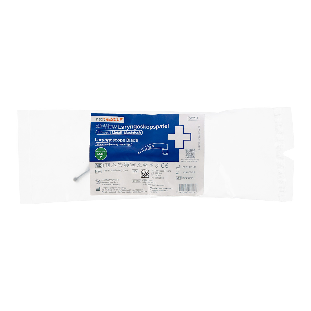 nextRESCUE® AirGlow Laryngoskop Spatel F.O. Semi Metall | Einweg | Macintosh | Größe 2