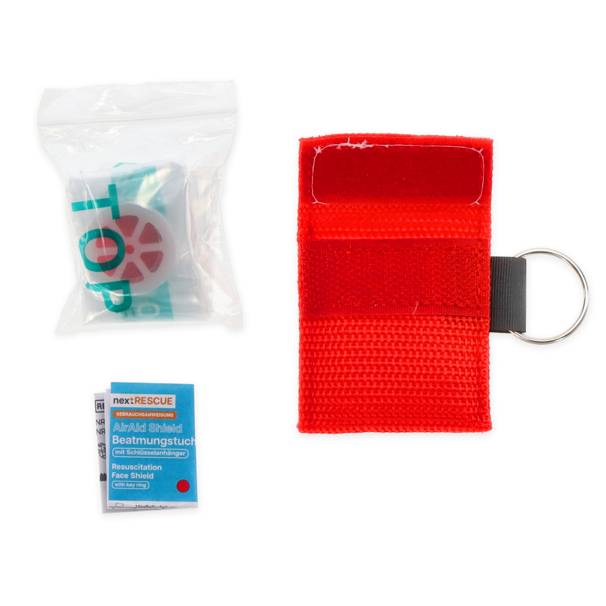nextRESCUE® AirAid Shield Beatmungstuch mit Schlüsselanhänger | Farbe: Rot | mit Logo: "Meier Medizintechnik"
