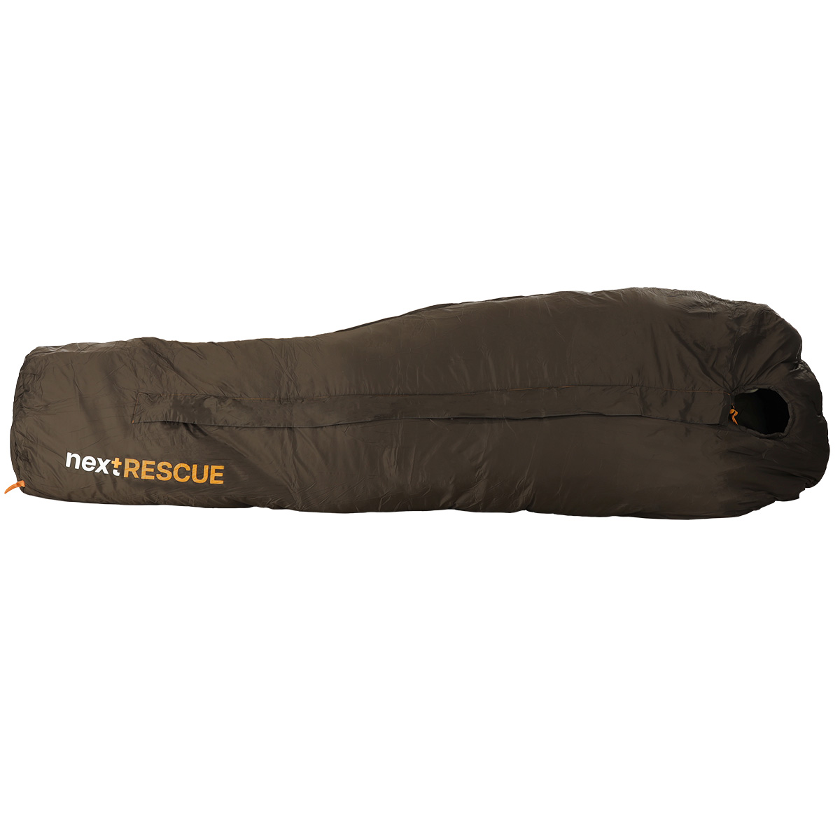 Brauner taktischer nex+RESCUE-Schlafsack für den medizinischen Notfall, mit Mumiendesign und seitlichem Reißverschluss.