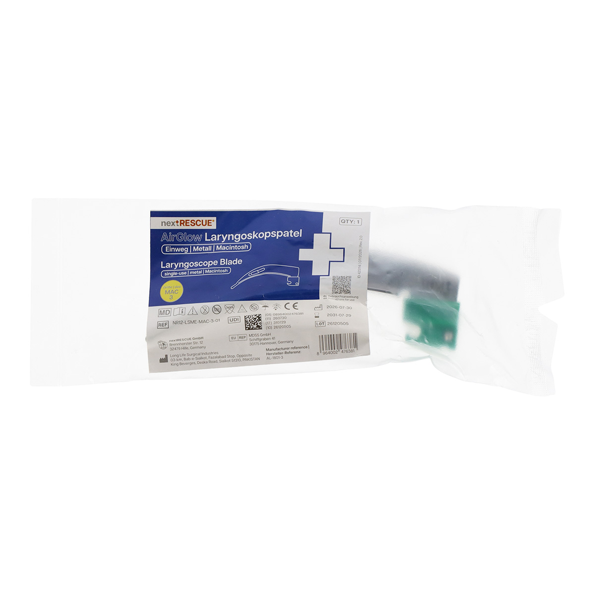 nextRESCUE® AirGlow Laryngoskop Spatel F.O. Semi Metall | Einweg | Macintosh | Größe 3