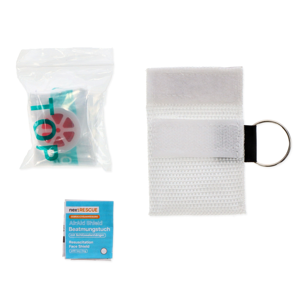 nextRESCUE® AirAid Shield Beatmungstuch mit Schlüsselanhänger | Farbe: Weiß | mit Logo: "Meier Medizintechnik"