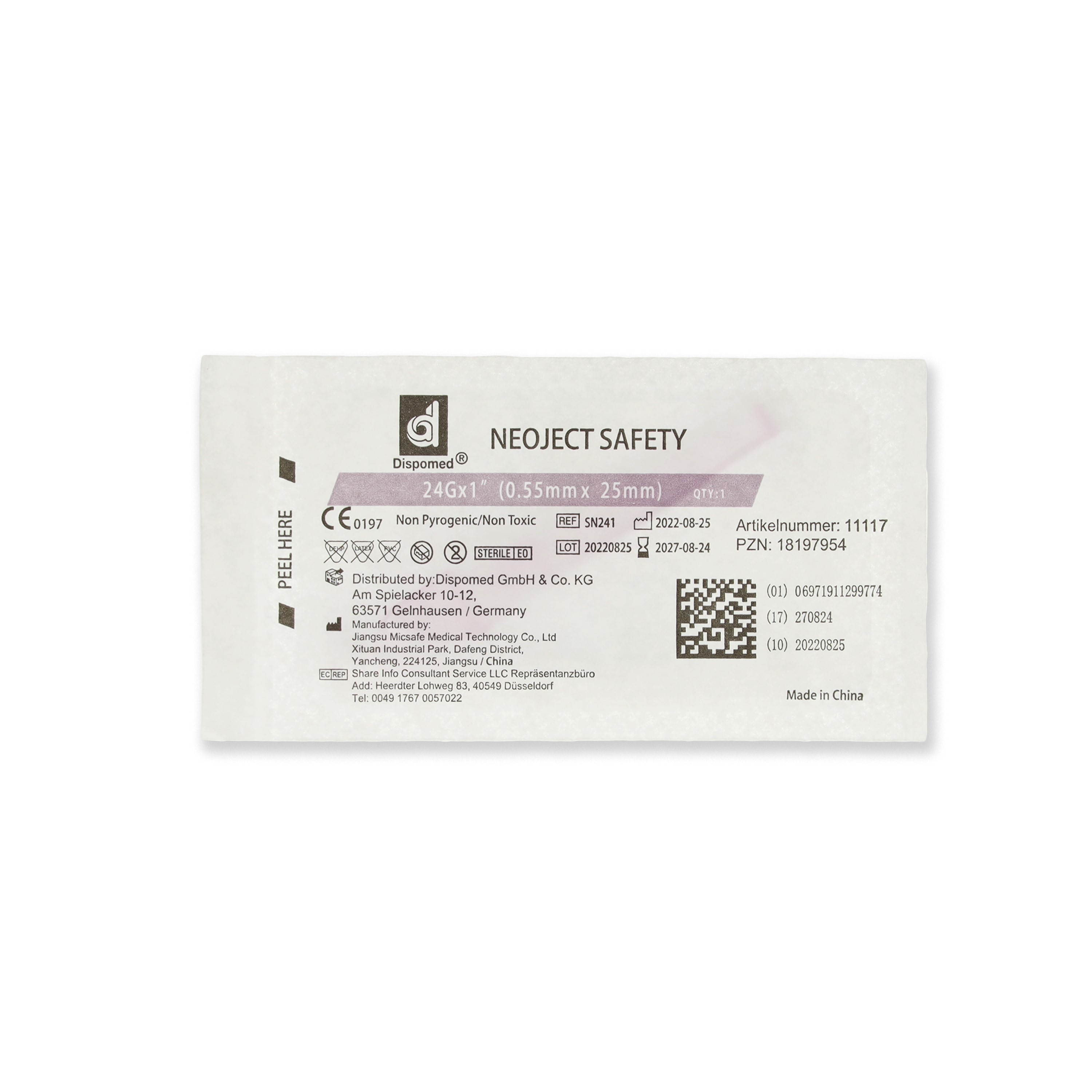Dispomed® Neoject® Safety Kanülen 24G / 0,55 x 25 mm | Farbe: Rosa | Packung á 100 Stück