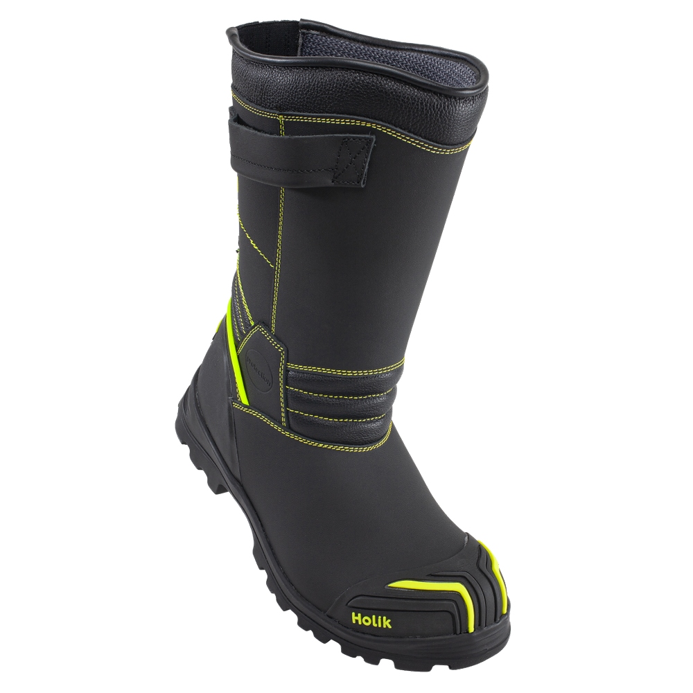 Schwarzer Holik-Feuerwehrstiefel mit neongelben Nähten und Zehenkappenschutz, konzipiert für Notfallrettungsteams.