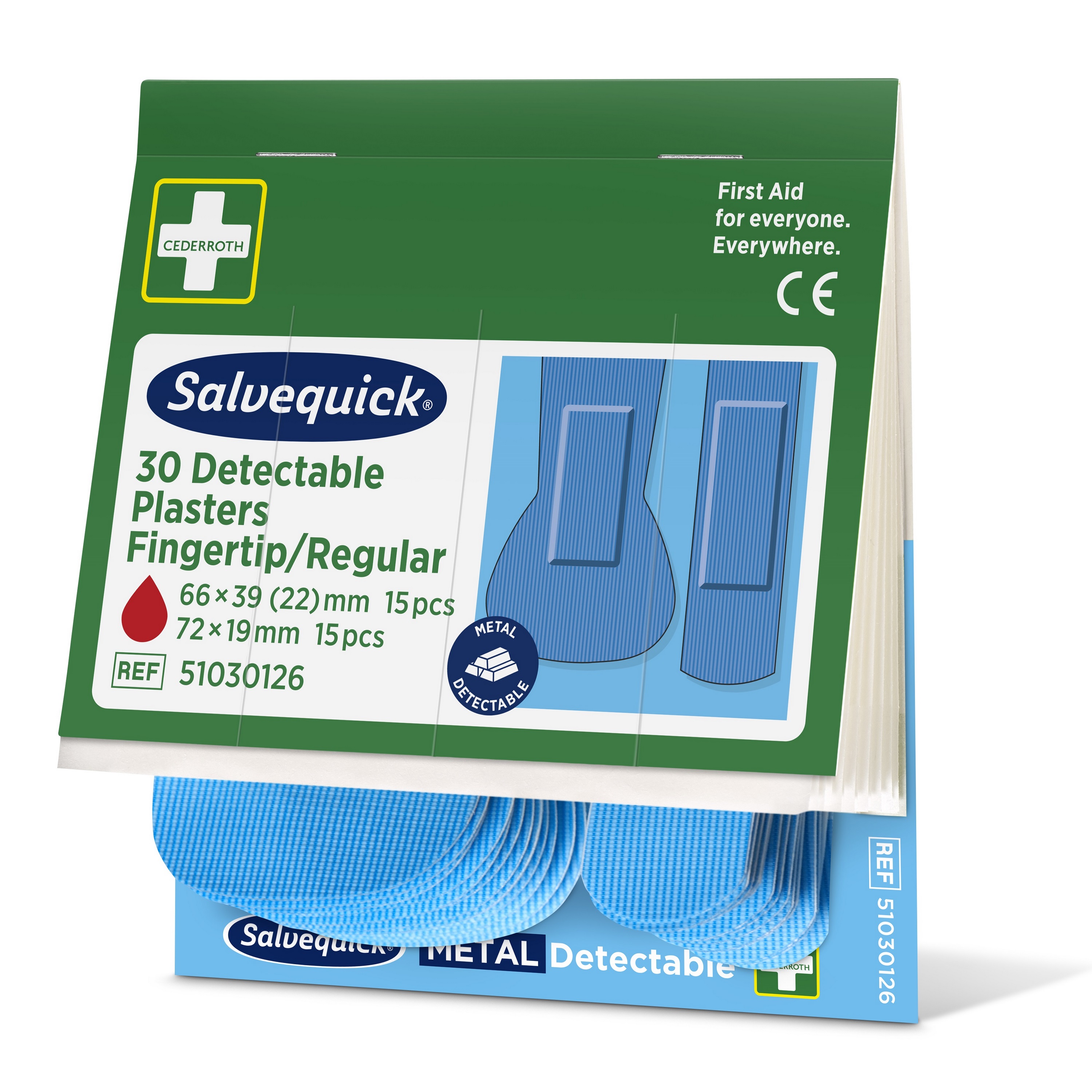 Cederroth Salvequick metalldetektierbare blaue Pflaster für die Erste Hilfe in der Lebensmittelindustrie, 30er-Packung mit Fingerspitzenverbänden.