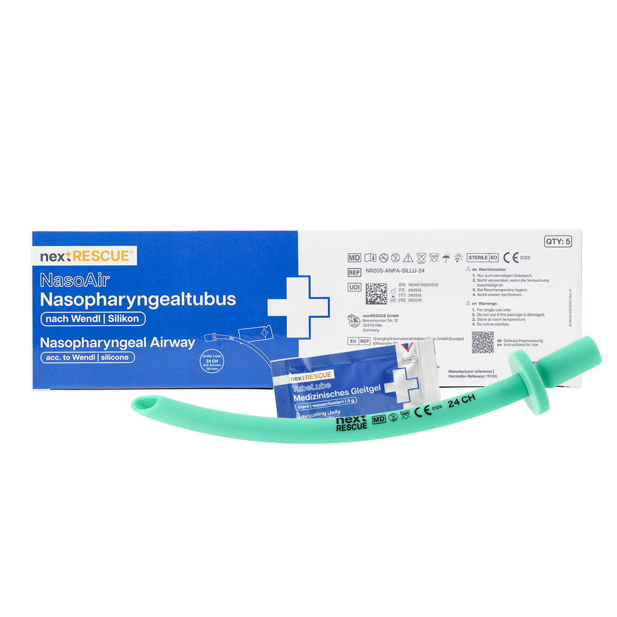 nextRESCUE® NasoAir Silikon Nasopharyngealtubus mit Gleitgel | Größe: CH 24 / O.D. 8.0 | Packung á 5 Stück