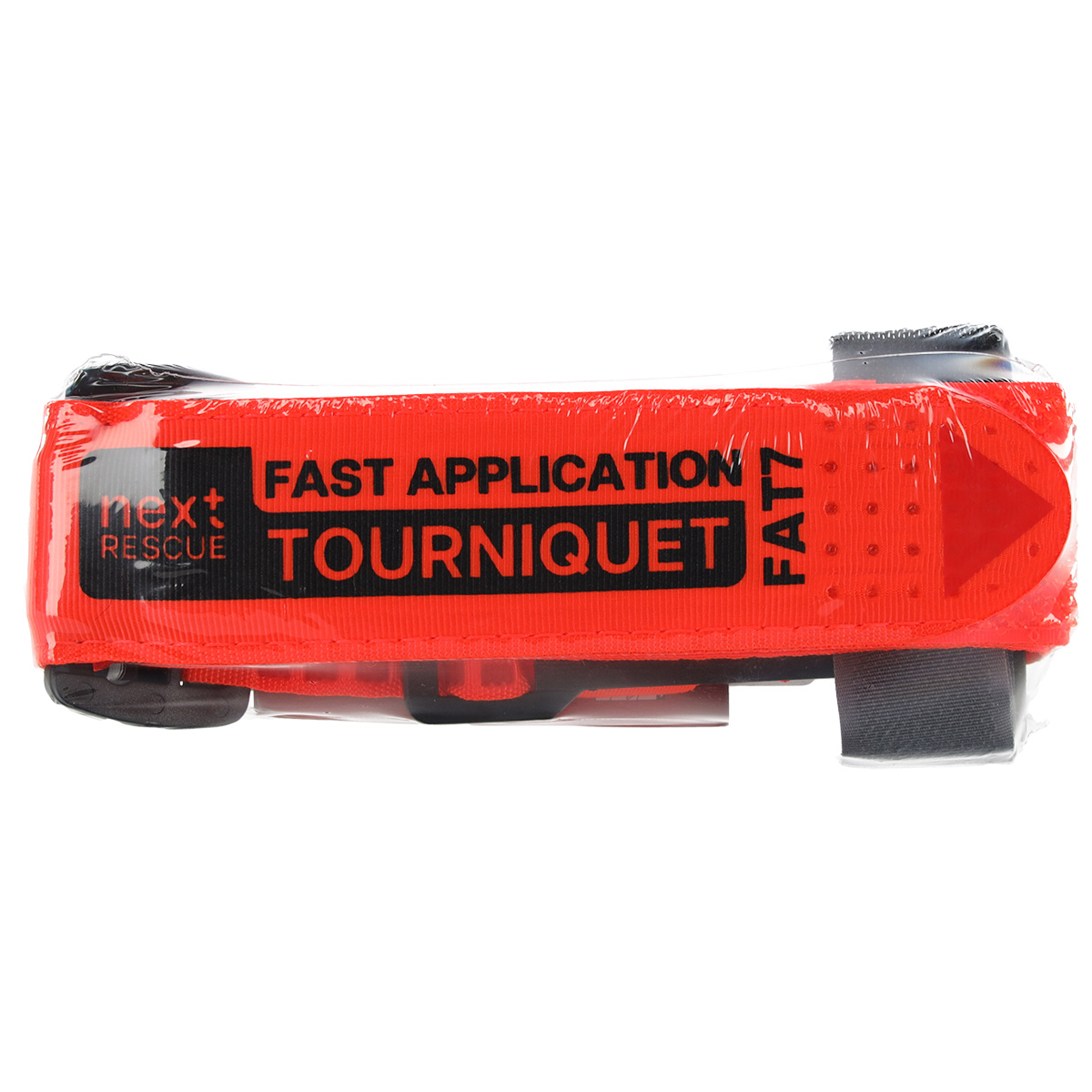 Next Rescue FAT7 Fast Application Tourniquet in leuchtendem Orange, versiegelt in einer durchsichtigen Kunststoffverpackung für den medizinischen Notfall.