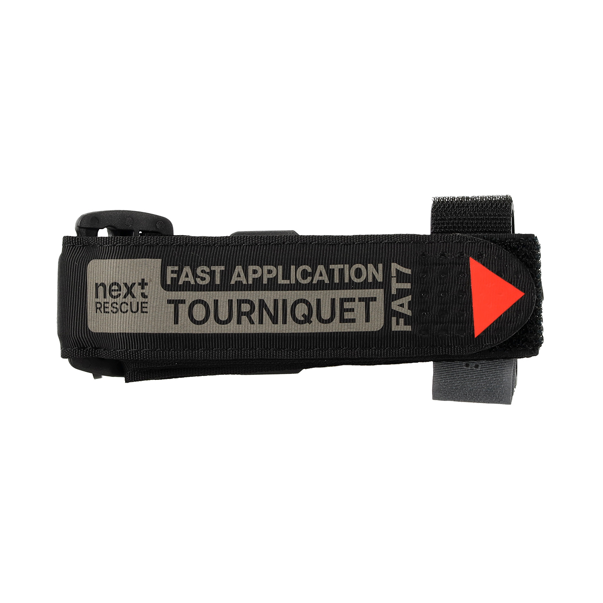Next Rescue FAT7 schwarzes taktisches Tourniquet mit Klettverschluss und roter Pfeilanzeige zur Notfall-Blutkontrolle.