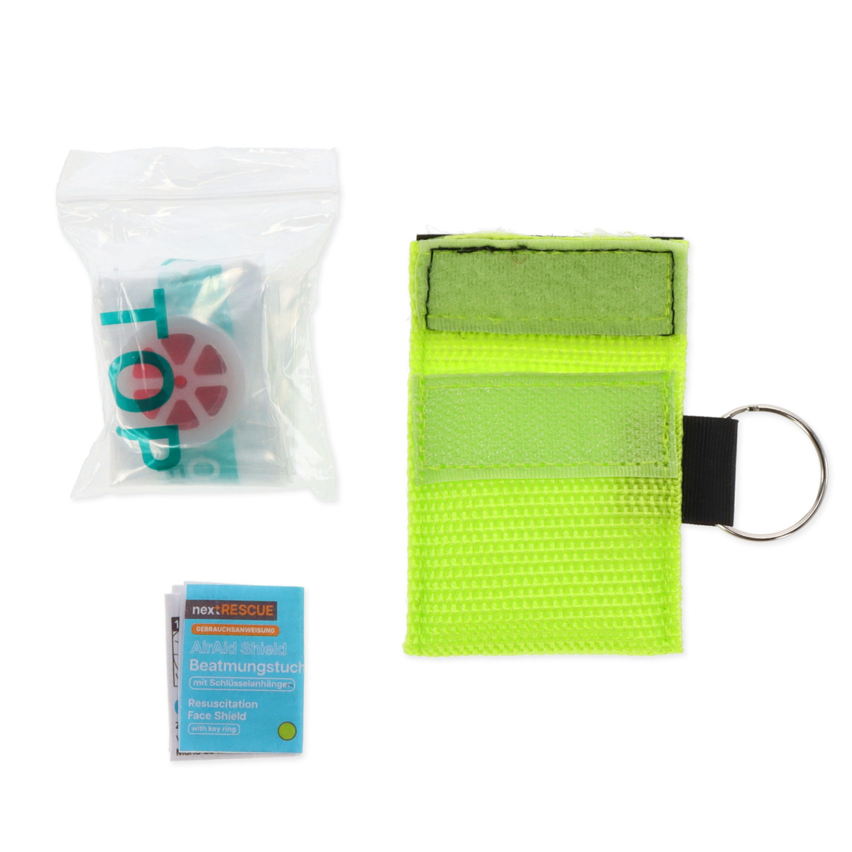 nextRESCUE® AirAid Shield Beatmungstuch mit Schlüsselanhänger | Farbe: Lemon Green | mit Logo: "Meier Medizintechnik"