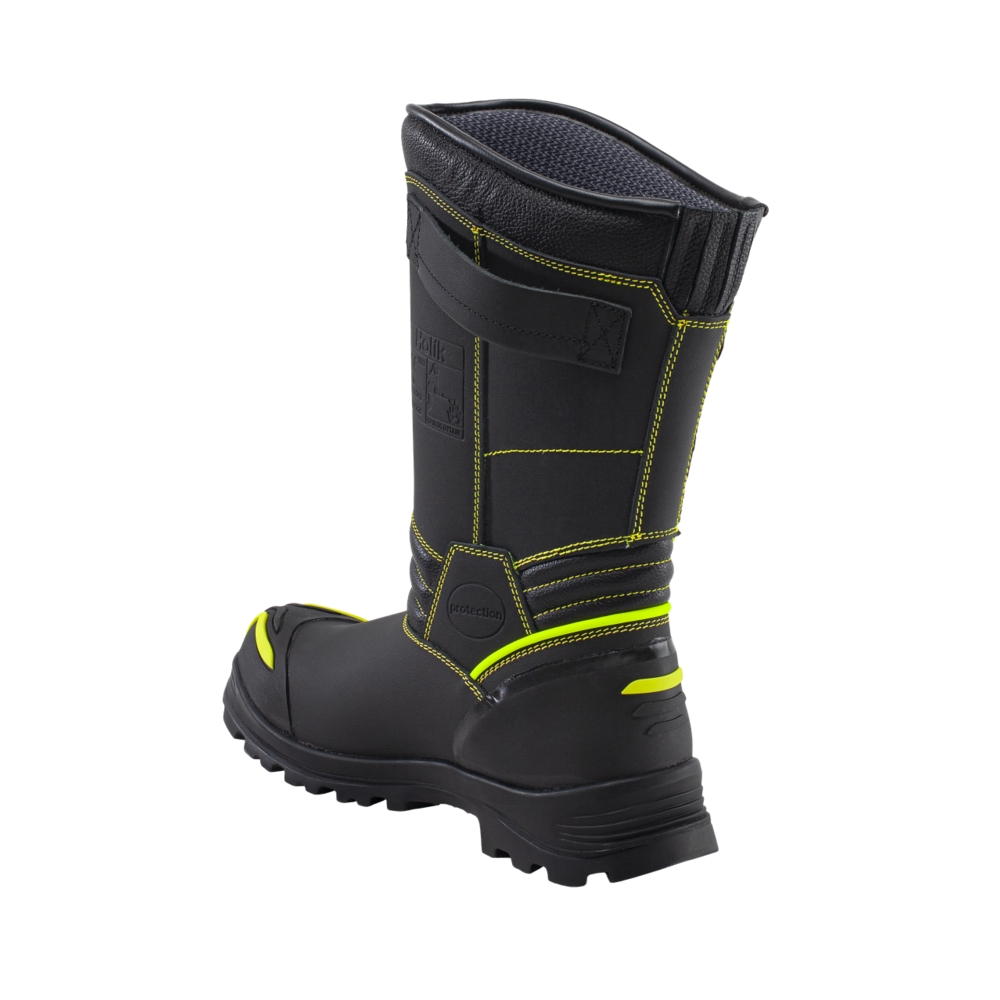 Schwarzer Holik-Feuerwehrstiefel mit neongelben Nähten und Akzenten, konzipiert für den professionellen Notfallschutz.