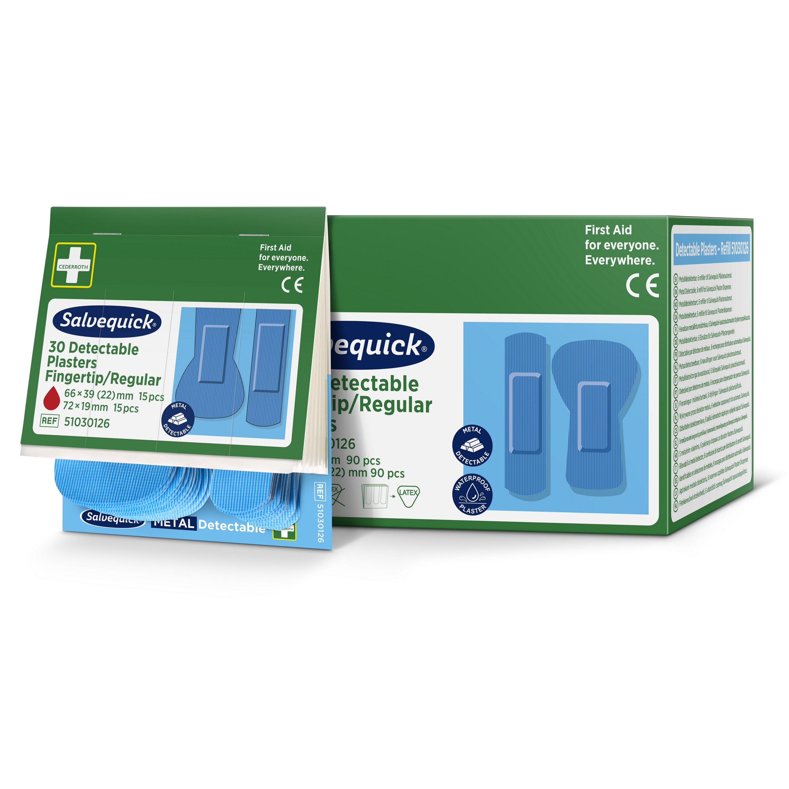 Cederroth Salvequick detektierbare blaue Pflaster in einer Nachfüllbox für Erste-Hilfe-Spender, ideal für den Einsatz in der Lebensmittelindustrie.