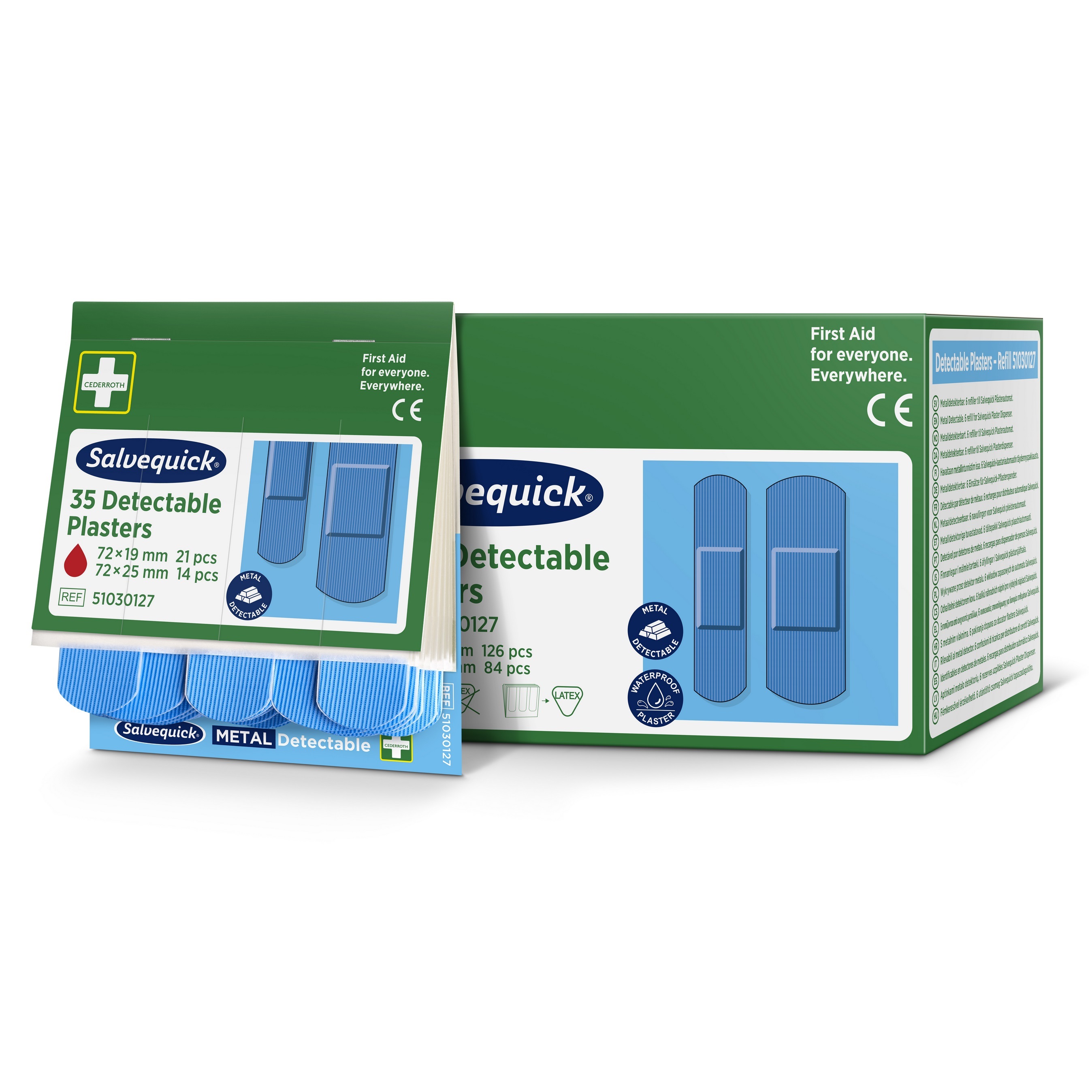 Cederroth Salvequick metalldetektierbare blaue Heftpflaster-Nachfüllpackungen für Erste-Hilfe-Spender in professioneller Verpackung.