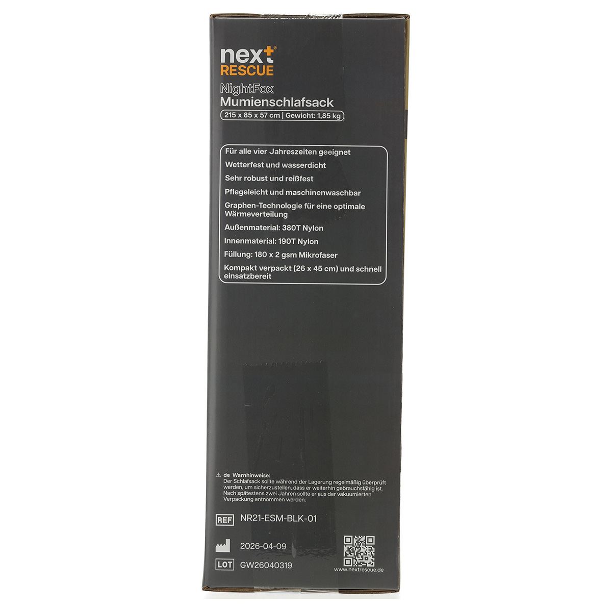 Schwarze Produktverpackung für den Next Rescue NightFox Mumienschlafsack mit detaillierten technischen Daten und Materialeigenschaften.
