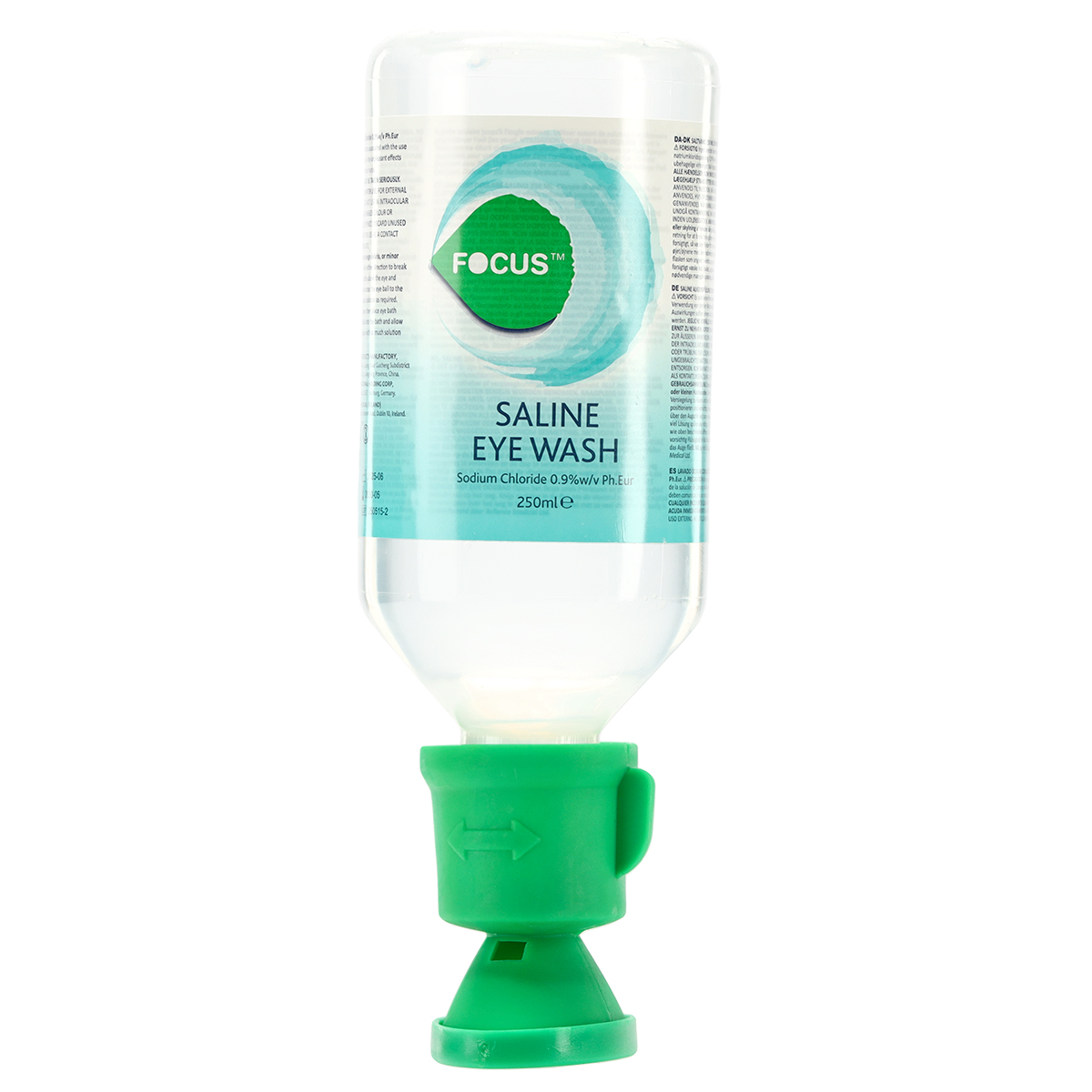 Eine 250-ml-Flasche mit Focus Saline-Augenspüllösung und grünem Applikatordeckel, unverzichtbar für die Erste Hilfe im Notfall und zur Augenspülung.