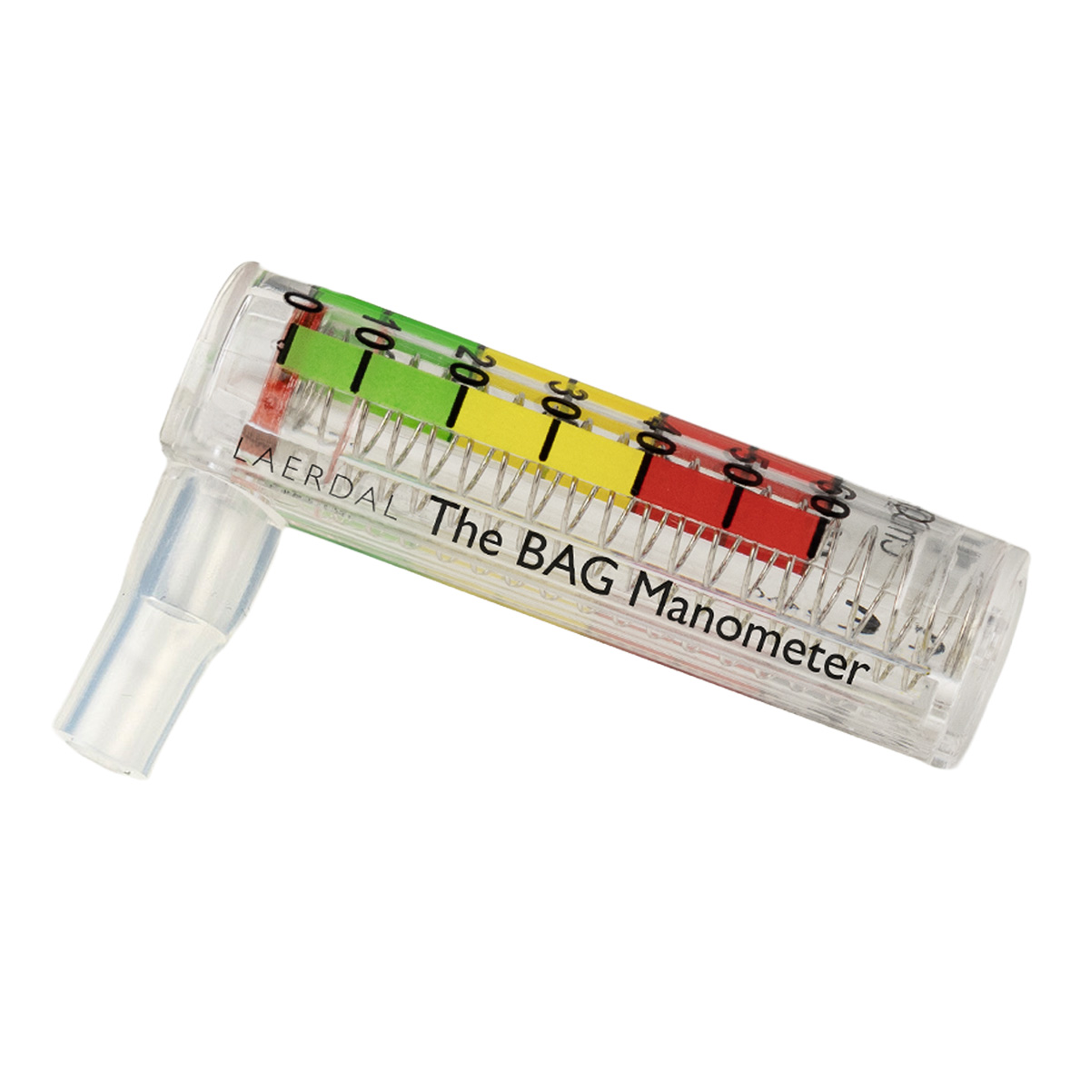 Laerdal Das BAG-Manometer für Notbeatmung mit einem klaren zylindrischen Manometer mit farbcodierten Druckzonen.
