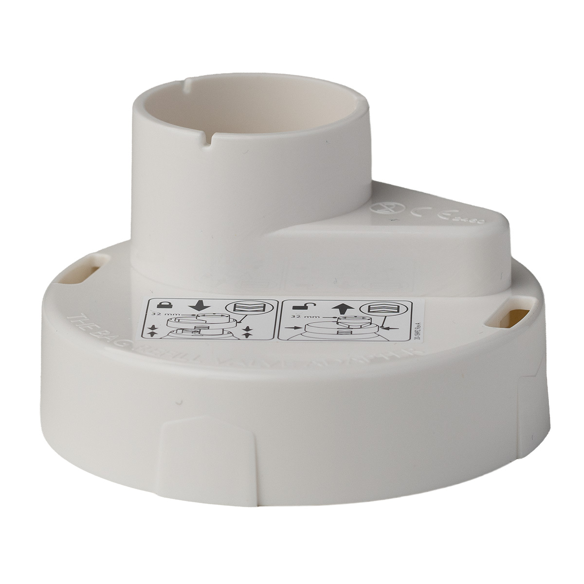 Weißer medizinischer Ventiladapter aus Kunststoff für Notfallbeatmungsbeutel, mit Anleitungssymbolen zur sicheren Befestigung.