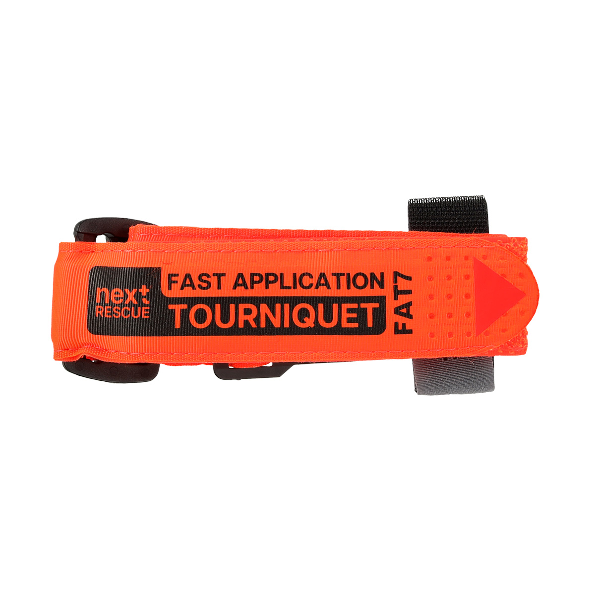 Leuchtend orangefarbenes Next Rescue FAT7 Fast Application Tourniquet mit schwarzer Hardware, unverzichtbar für die Blutstillung im Notfall.