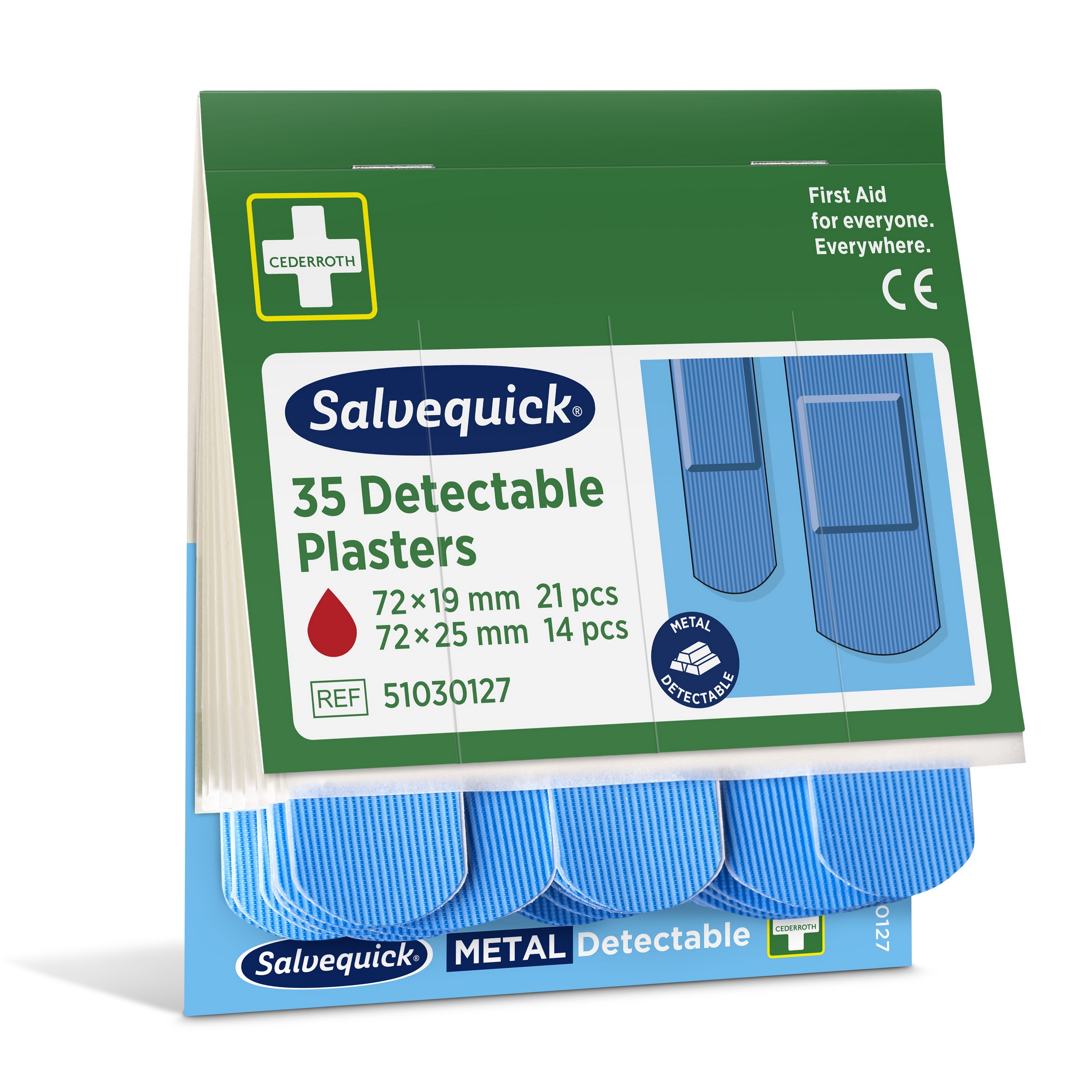 Cederroth Salvequick metalldetektierbares Pflaster, Nachfüllpackung mit 35 blauen Pflastern für die Sicherheit in der Lebensmittelindustrie.