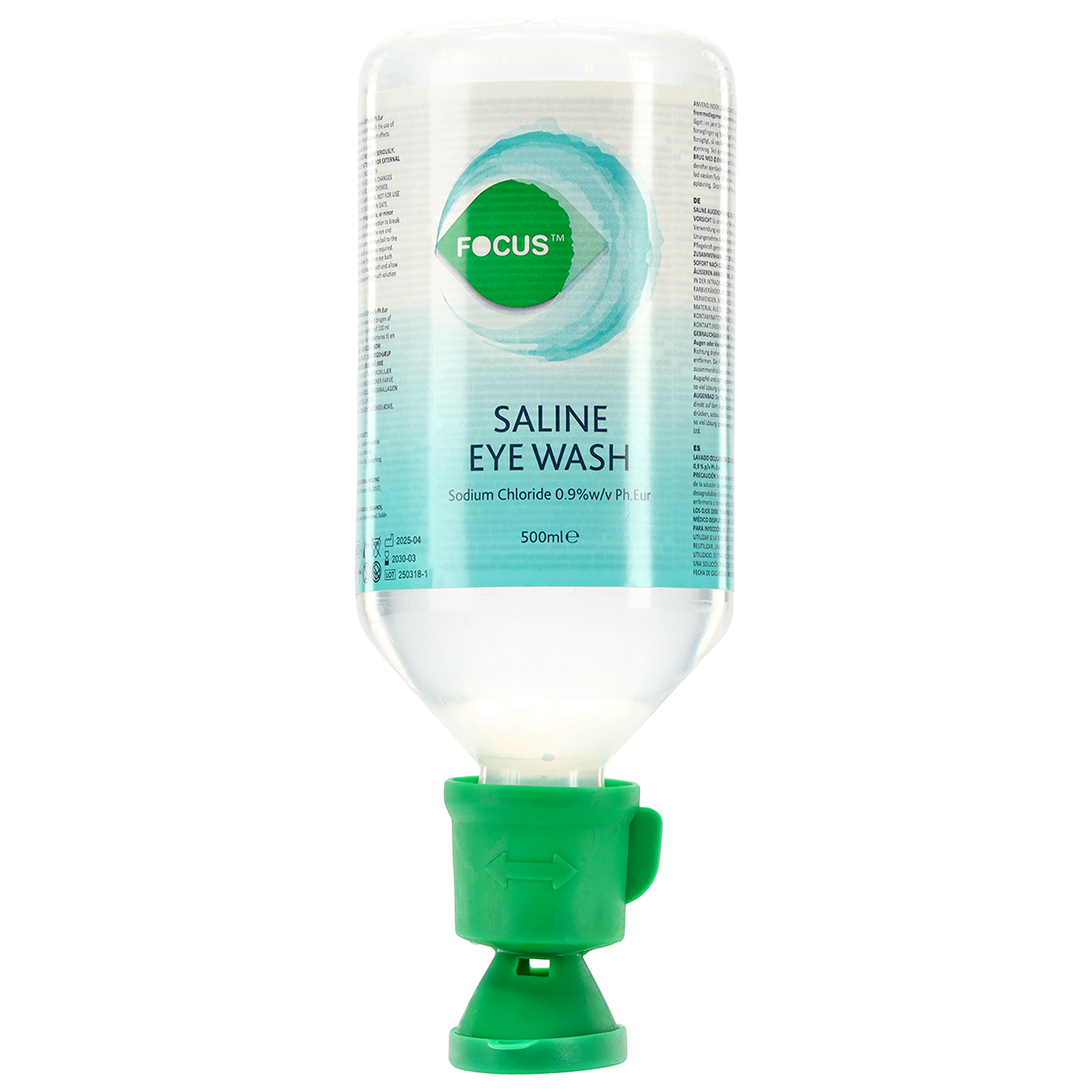 Eine 500-ml-Flasche mit 500-ml-Focus-Kochsalzlösung für die Augenspülung und grünem Applikatorverschluss, unverzichtbar für medizinische Erste-Hilfe-Stationen.