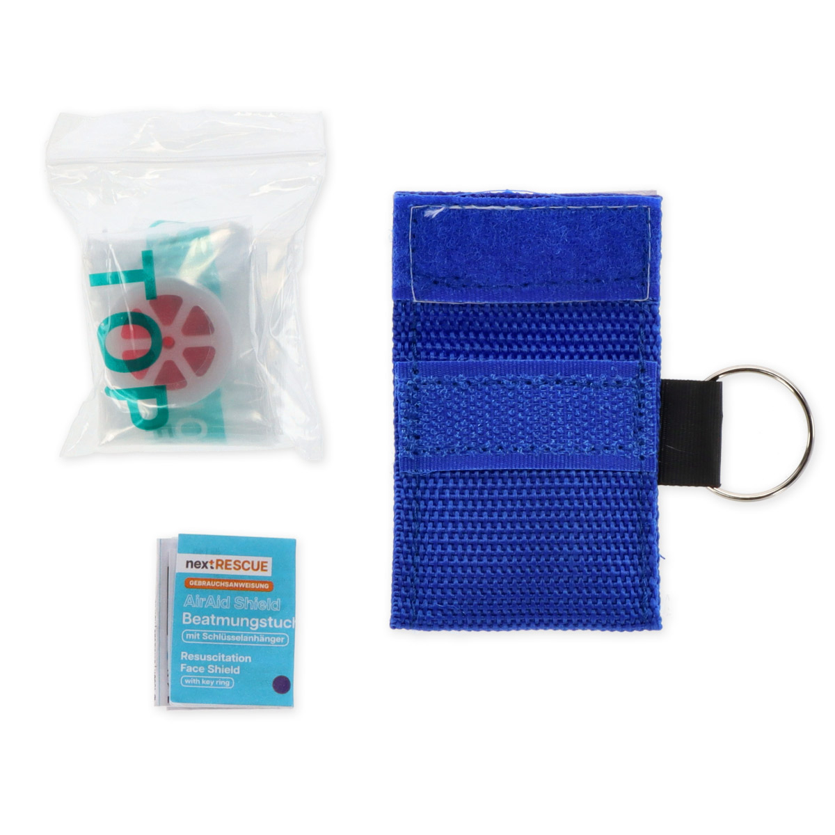 nextRESCUE® AirAid Shield Beatmungstuch mit Schlüsselanhänger | Farbe: Blau | mit Logo: "Meier Medizintechnik"
