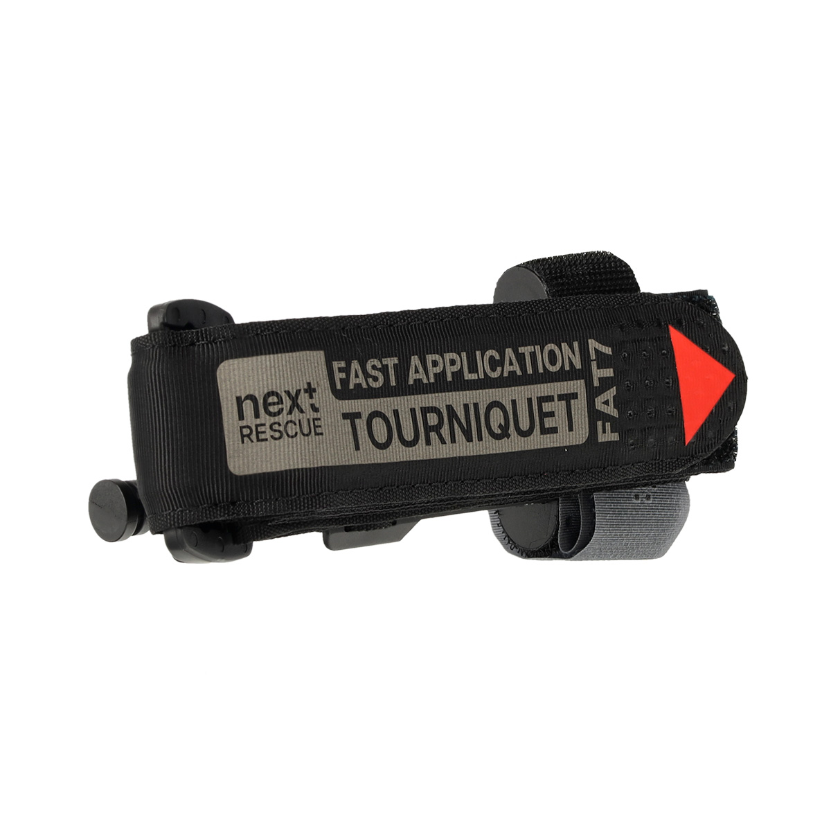 Black Next Rescue FAT7 Fast Application Tourniquet mit roter Pfeilanzeige für die medizinische Notfallkontrolle von Blutungen.