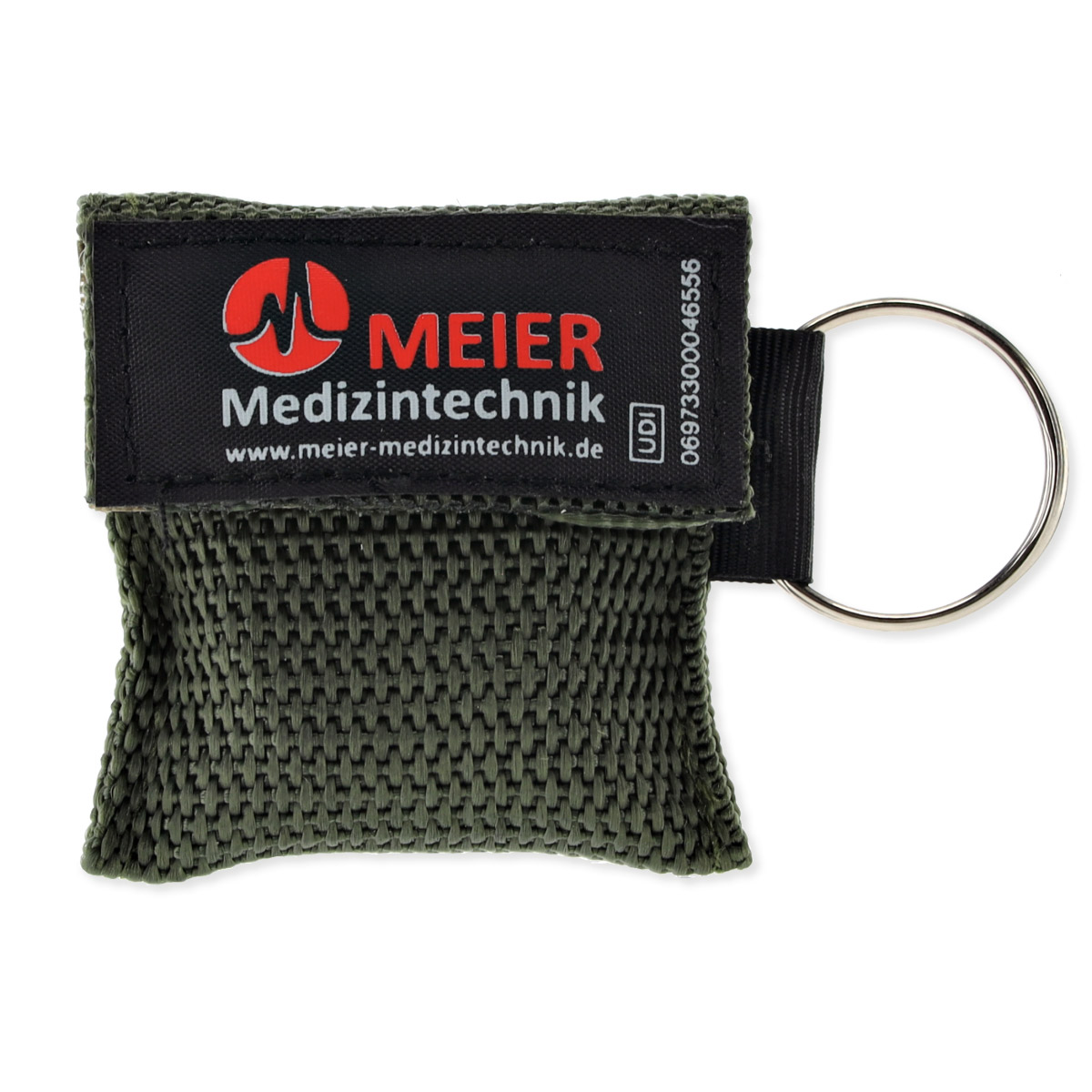 nextRESCUE® AirAid Shield Beatmungstuch mit Schlüsselanhänger | Farbe: Oliv | mit Logo: "Meier Medizintechnik"