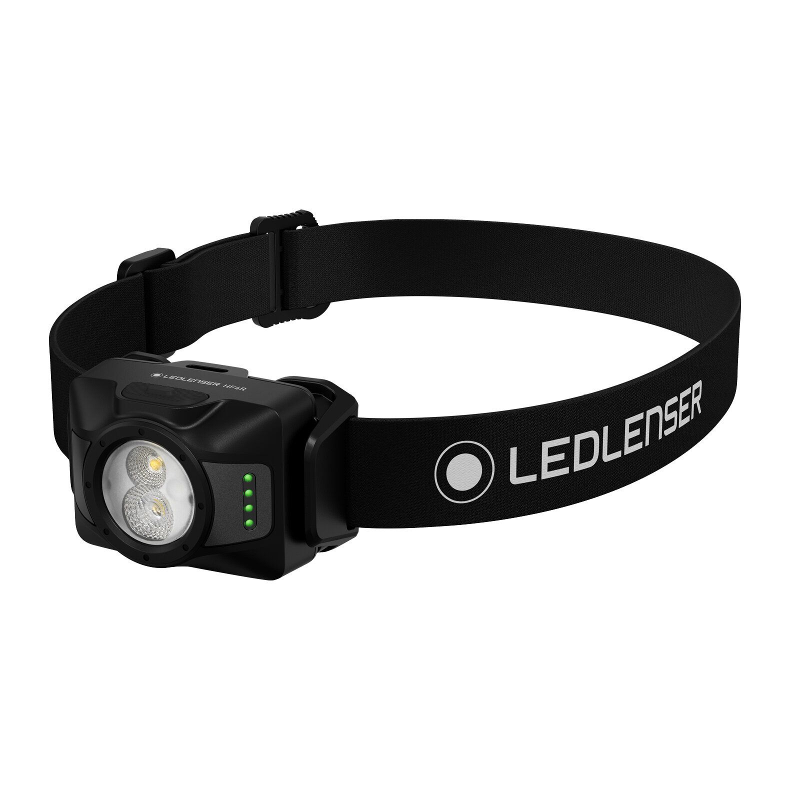 Schwarze Ledlenser HF4R-Stirnlampe mit verstellbarem Riemen, ideal für medizinische und taktische Notfallbeleuchtungsanwendungen.