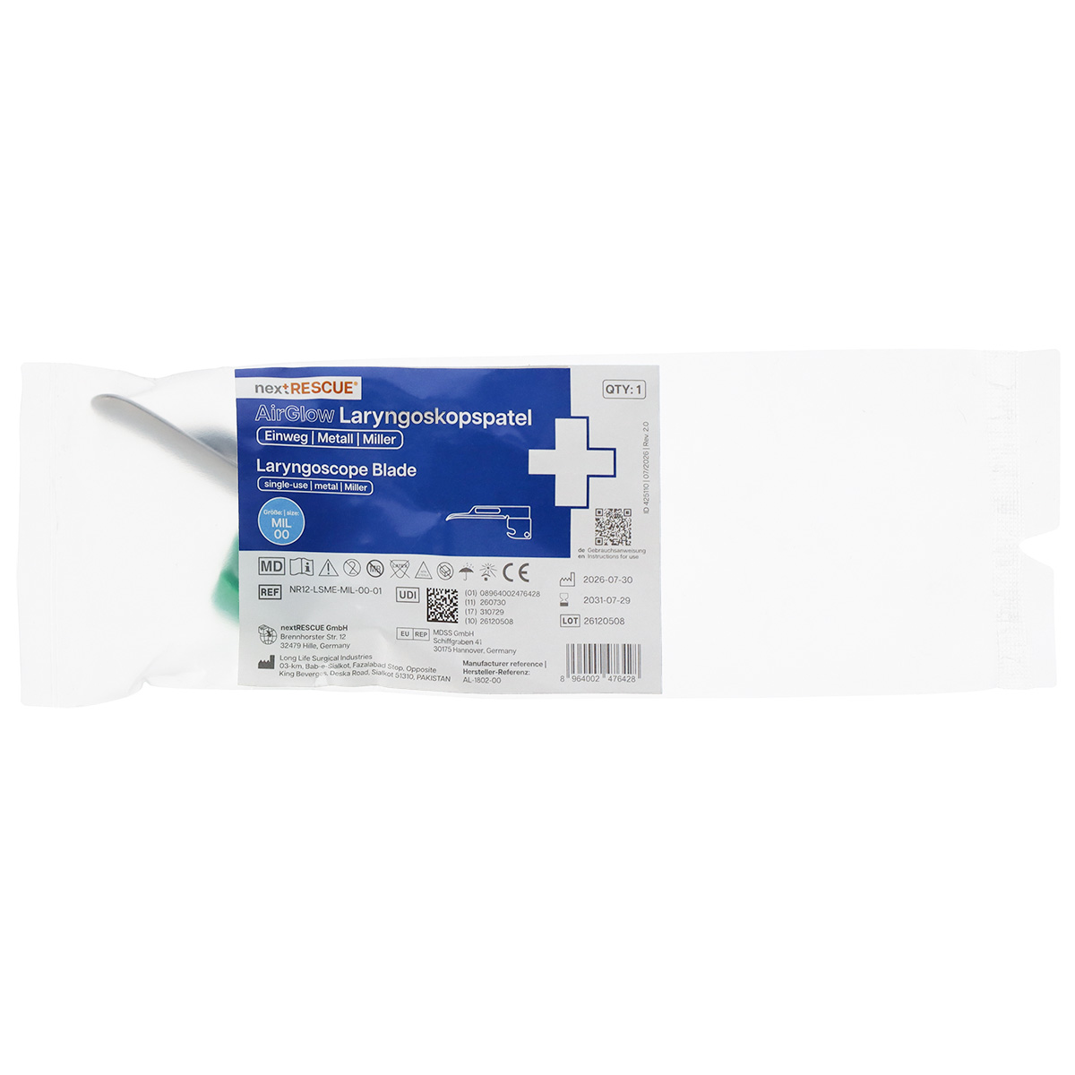 nextRESCUE® AirGlow Laryngoskop Spatel F.O. Semi Metall | Einweg | Miller | Größe 00