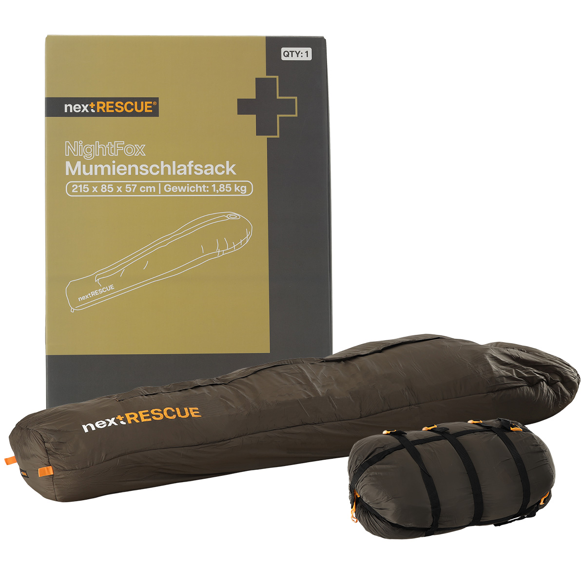 nextRESCUE NightFox Mumienschlafsack in Olivgrün, abgebildet ausgepackt und komprimiert in einer Tragetasche mit Produktkarton.