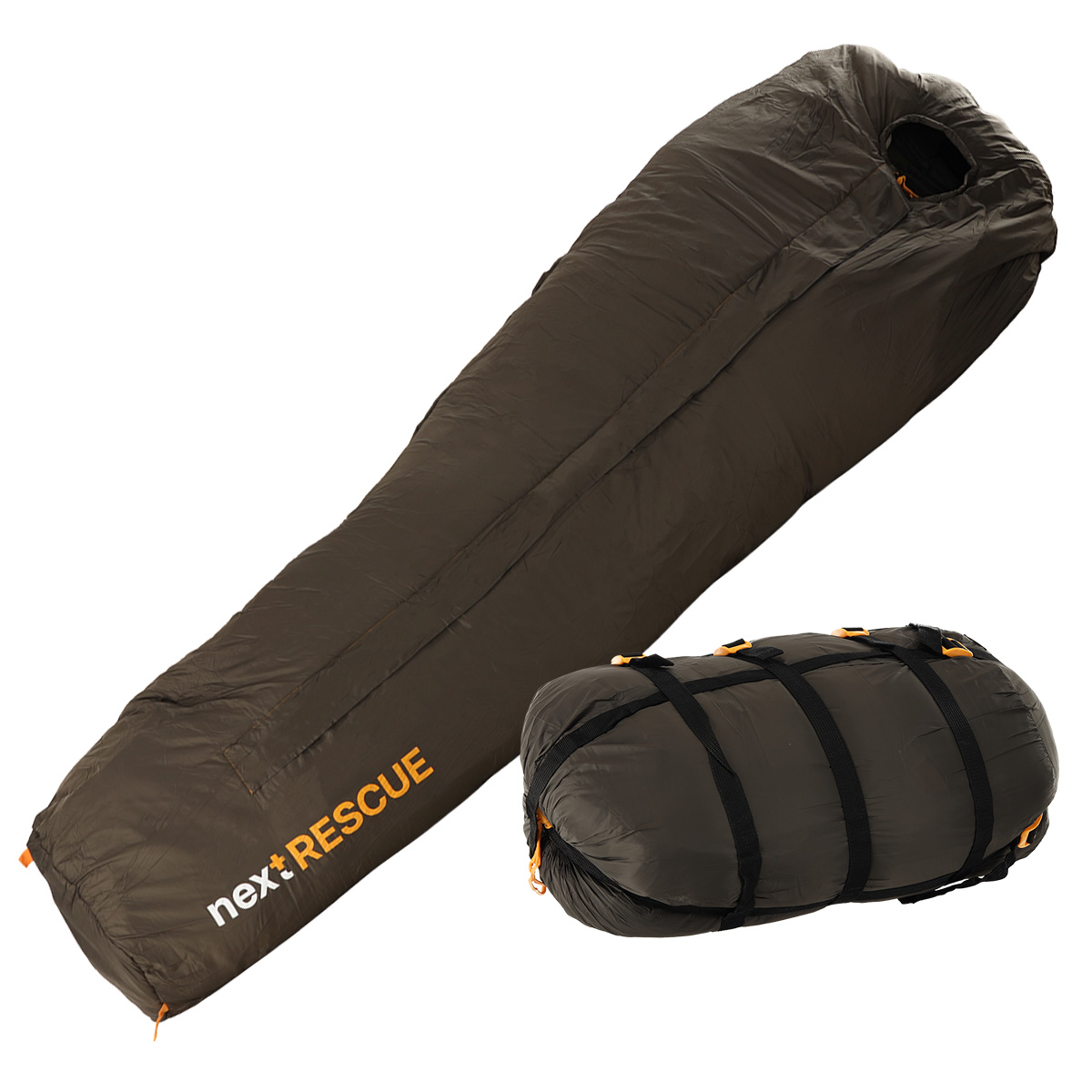 nextRESCUE NightFox Mumienschlafsack in Olivgrün, abgebildet ausgepackt und komprimiert in einer Tragetasche mit Produktkarton.