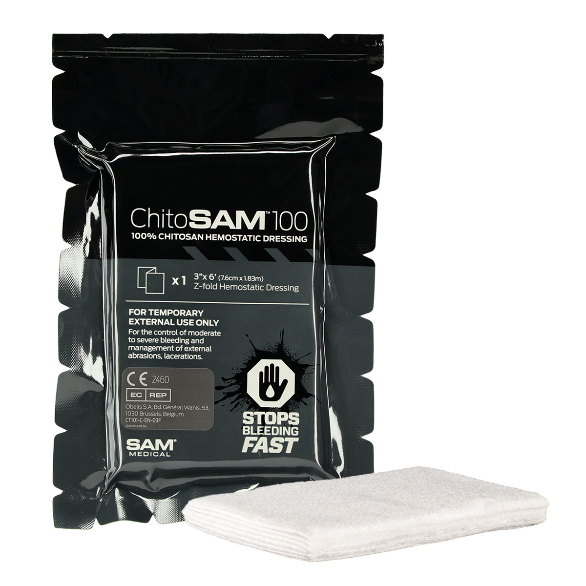 SAM Medical® ChitoSAM® 100 Gauze Z-gefaltet | Hämostatikum | Größe: 7,5 x 183 cm