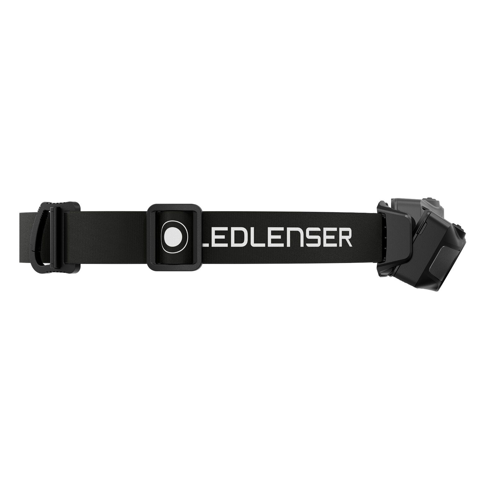 Seitenprofil einer schwarzen Ledlenser-Stirnlampe mit verstellbarem Gummiband, konzipiert für taktische Einsätze und Rettungseinsätze.