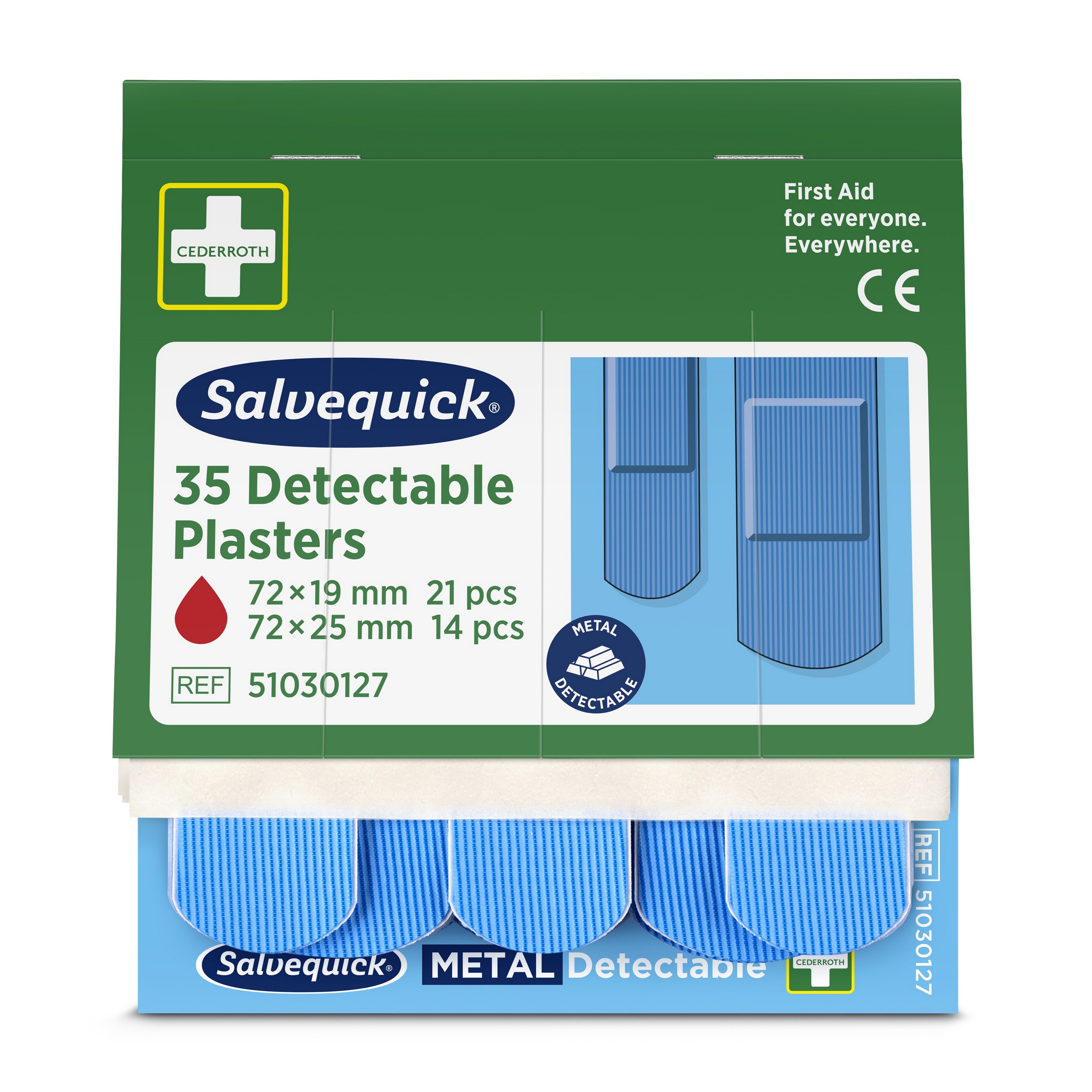Cederroth Salvequick metalldetektierbares Pflaster, Nachfüllpackung mit 35 blauen Pflastern für Erste-Hilfe-Sets.